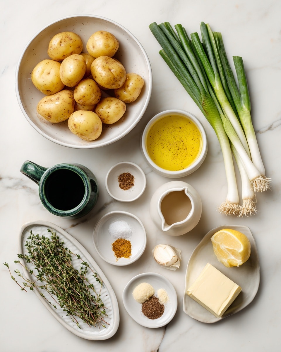 The image shows a collection of cooking ingredients placed on a white marbled surface. At the top left is a white bowl full of small yellow potatoes with smooth skins. To the right of the bowl, there are three fresh white and green scallions. Next to them is a white bowl filled with a yellow liquid, likely oil, with specks of seasoning on top. Below the bowl of potatoes, a green ceramic cup holds a dark green liquid. Below that, a small beige pitcher contains a creamy white liquid. In the middle, a small white dish holds four different spices in separate piles: a mustard dollop, black pepper, garlic powder, and powdered ginger or similar. To the right, a round white dish contains half a lemon, a dollop of mustard, and a light beige powdered ingredient. Next to this dish, a small white bowl holds a block of butter. At the bottom left, a white oval plate holds several sprigs of fresh green thyme. photo taken with an iphone --ar 4:5 --v 7