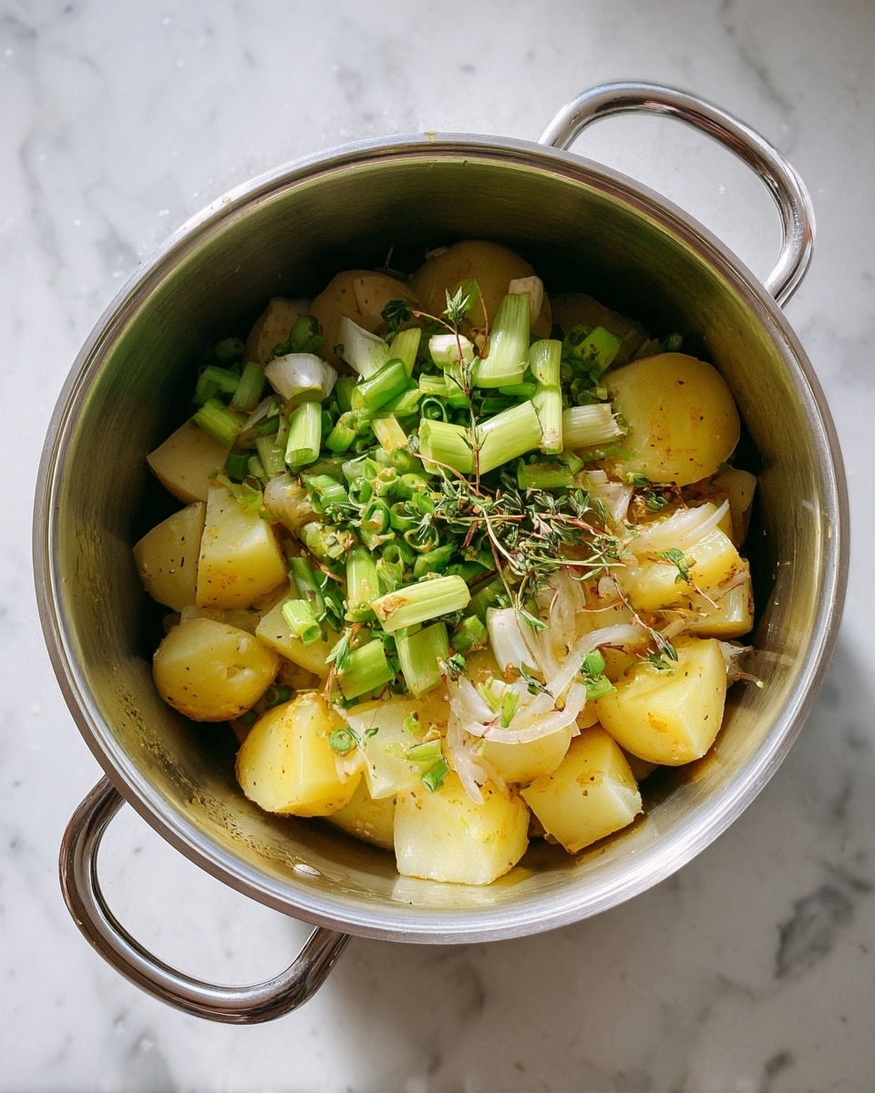 Inside a metal pot, there are three layers of ingredients: the bottom layer is made of yellow potato chunks with some skin on, above them lies a second layer of similar potato pieces, and the top layer features sliced green onions scattered with small sprigs of fresh herbs. The pot sits on a white marbled surface. photo taken with an iphone --ar 4:5 --v 7