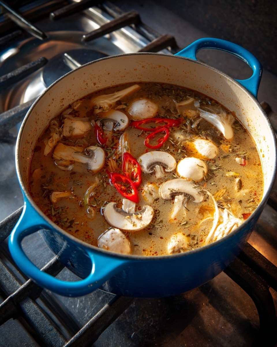 A blue pot with cream inside holds a bubbling mixture with visible layers of light brown broth, sliced white mushrooms, and thin slices of red chili floating and cooking. The broth looks hot and oily, creating shiny reflections on the mushroom pieces. The pot sits on a gas stove with silver grates. The photo is taken from above and slightly to the side. photo taken with an iphone --ar 4:5 --v 7