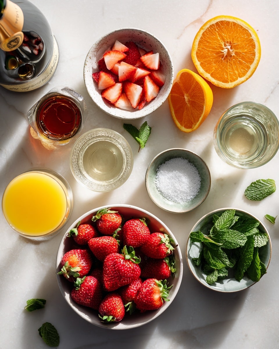 Four tall clear glasses filled with a layered orange drink, showing a smooth gradient from darker orange at the bottom to lighter orange near the top, each glass topped with a thick white frothy layer. Each drink is decorated with a red strawberry and a small slice of orange along with a green mint leaf on the rim. The glasses are placed on a white marbled surface with a soft light background, a green bottle and a white bowl filled with orange slices in the background, and some strawberries resting on the surface nearby. photo taken with an iphone --ar 4:5 --v 7