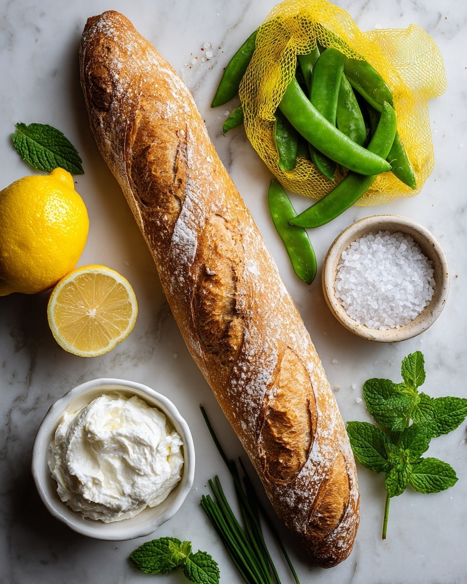 The image shows a long golden brown baguette with a slightly cracked crust placed diagonally on a white marbled surface. To its left, there is a whole lemon and two lemon wedges in bright yellow. Above the lemon, a yellow netted bag holds fresh green sugar snap peas, with some peas spilling out. At the bottom right, a small white bowl holds coarse sea salt flakes. Near the bottom center, thin green chives are placed in a neat bunch extending toward the top of the baguette. Next to the chives, a small white bowl filled with creamy white ricotta cheese sits close to the baguette. Fresh green mint leaves are arranged at the top right, adding color and freshness to the display. Photo taken with an iphone --ar 4:5 --v 7