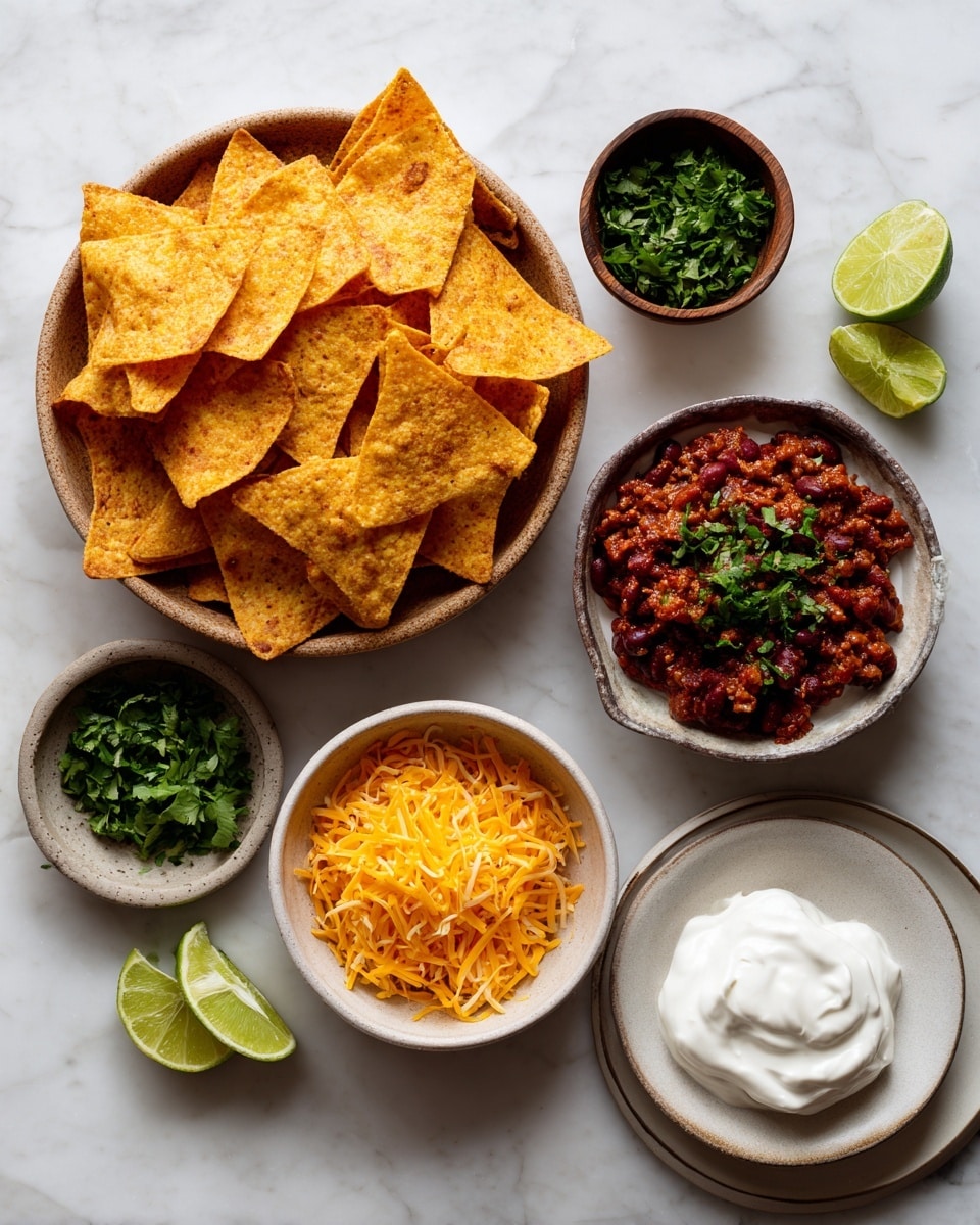 A baking tray filled with two layers of triangular corn chips forming the base, with the chips having a light yellowish-brown color and rough texture. On top of the chips, there is a layer of mixed shredded cheese in white and pale orange colors, spread unevenly across the chips with some spaces in between. The second image shows the same tray after baking, where the cheese layer is melted and slightly browned, covering many of the chips with a smooth texture that contrasts with the crunchy chips underneath. The tray edges are visible, and the whole scene is set on a white marbled texture. photo taken with an iphone --ar 4:5 --v 7