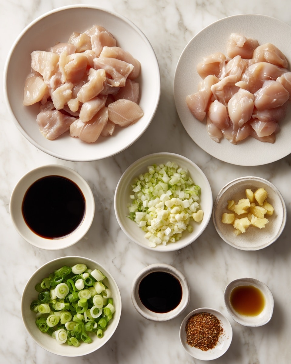 The image shows four views of ingredients for cooking, all placed on a white marbled surface. The first part features a white bowl filled with raw, light pink sliced chicken on the top left, while the top right zooms in closely on the same chicken pieces in the white bowl, highlighting their smooth texture and pale pink color. Below, the third part displays a spread with chopped garlic in a small white bowl on the left, light green sliced scallions in a medium white bowl in the center, and minced ginger in a small white bowl on the right, with raw chicken behind them on a white plate. Surrounding these are additional small white bowls holding various sauces and powdered ingredients, showcasing dark, thick soy sauce, light colored liquids, and fine powders. The last part mirrors this setup but adds a white bowl with a brown mixed sauce in the middle, surrounded by the same finely chopped vegetables and garnishes. Photo taken with an iphone --ar 4:5 --v 7