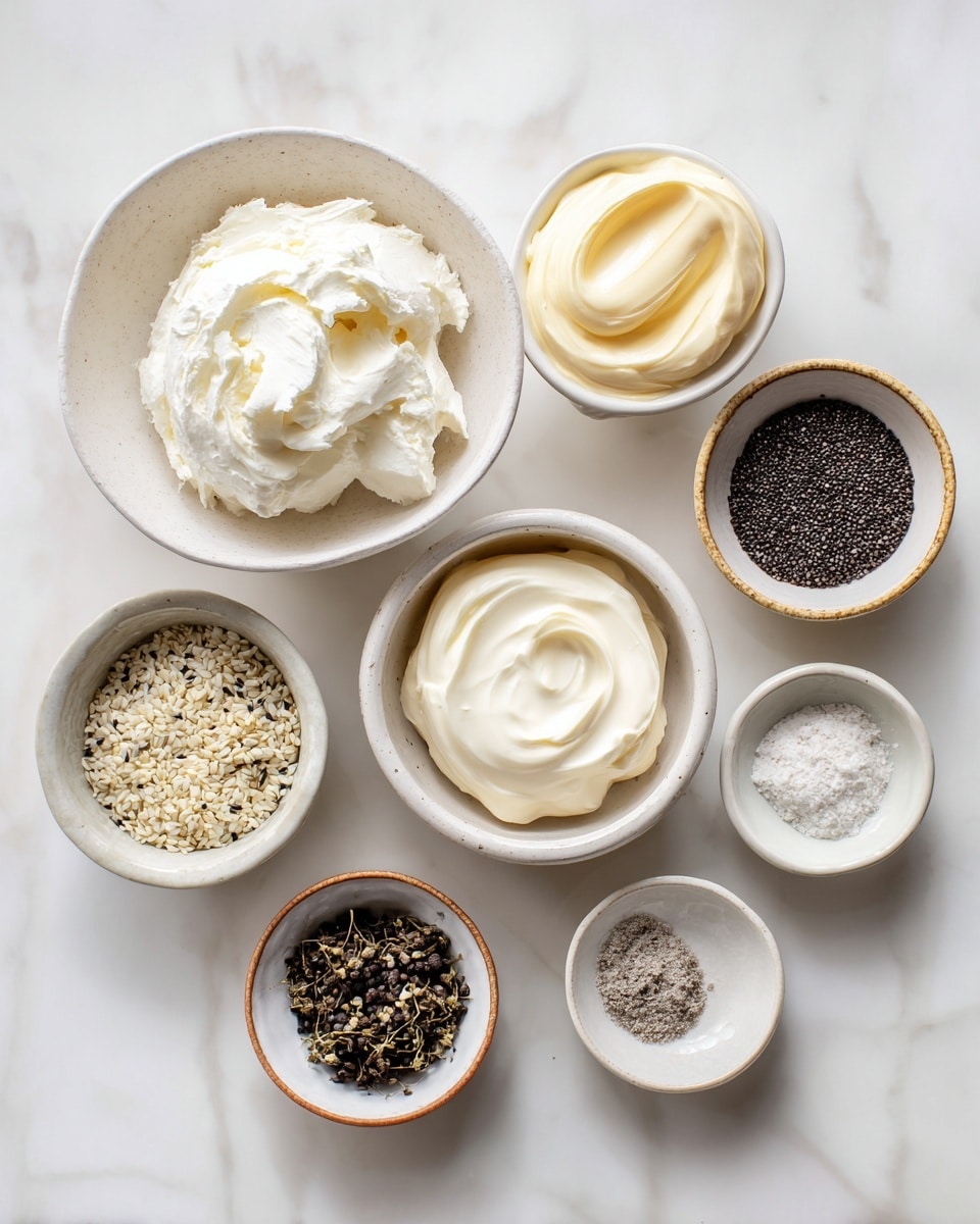 A wooden bowl filled with a thick, white creamy dip swirled on top, sprinkled with black and white sesame seeds, dried garlic, and onion flakes. The bowl sits on a round wooden plate that is scattered with many small, golden-brown toasted bread slices arranged loosely around the bowl. One toasted bread slice is dipping into the cream, standing upright in the dip. The setting is on a white marbled surface with a green cloth partially visible under the wooden plate. photo taken with an iphone --ar 4:5 --v 7