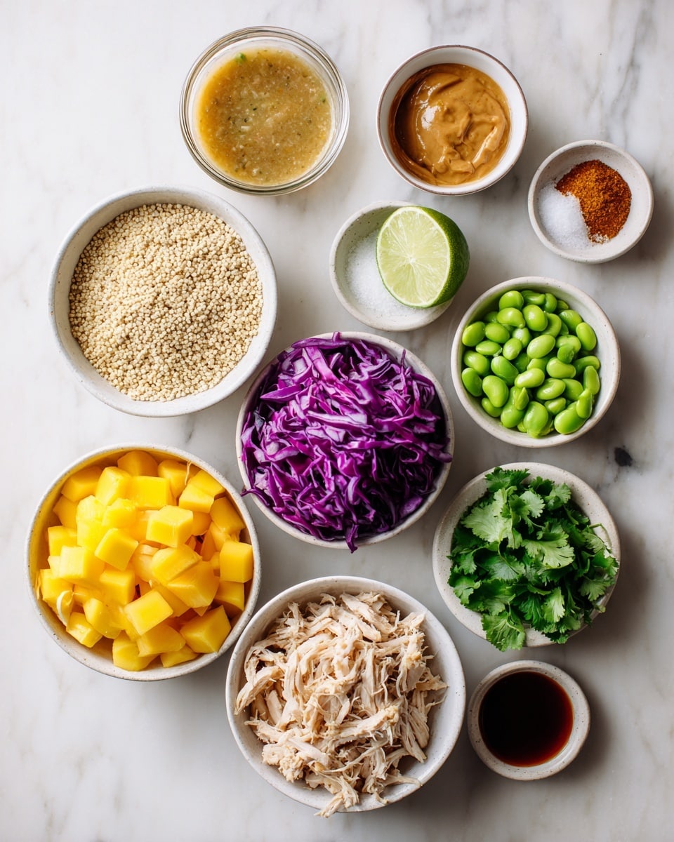 A white bowl filled with four distinct layers arranged side by side: fluffy quinoa with a light tan color, bright yellow diced mango, vibrant green edamame beans, and finely shredded purple cabbage. On top of these layers, pieces of shredded cooked chicken are placed mostly on the shredded cabbage and mango. The dish is drizzled with a thick, orange-colored sauce and garnished with small green cilantro leaves scattered across the bowl. The bowl is set on a teal cloth with fringe, on a wooden surface next to a small wooden bowl filled with the same orange sauce and a silver spoon inside it, all on a white marbled background. photo taken with an iphone --ar 4:5 --v 7