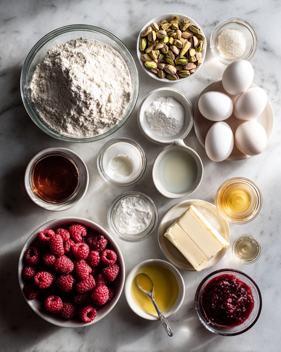 A two-layer round cake sits on a white cake stand over a white marbled surface, with a slice being lifted by a gold cake server. The cake layers are light brown with a thin layer of dark filling in between. The whole cake is covered in smooth pink frosting, with thick decorative pink swirls along the top edge and base. Crushed green pistachios are scattered on the top swirls, and thin green ribbons are placed on the frosting for decoration. The photo is soft and bright, showing a clear close-up of the cake. photo taken with an iphone --ar 4:5 --v 7