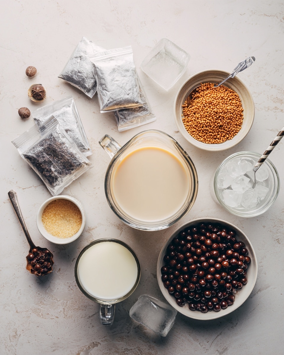 A clear glass filled with three layers: the bottom layer shows black tapioca pearls, the middle layer is a light brown creamy milk tea, and the top layer has several ice cubes floating. A white pitcher is pouring more creamy milk tea into the glass from above. The glass sits on a white coaster, which is placed on a wooden board with a white marbled surface beneath. In the background, there is a small white ceramic container and an orange bowl filled with dark tapioca pearls and syrup. The setting is softly lit with warm light. photo taken with an iphone --ar 4:5 --v 7