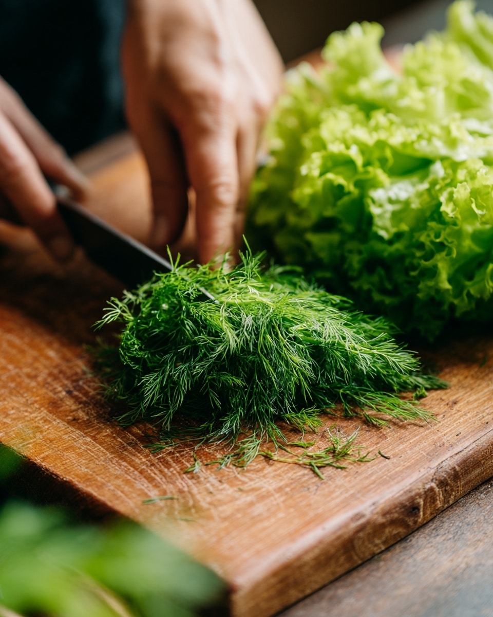 A fresh salad is shown in a white bowl placed on a white marbled surface. The salad has two visible layers: a base of light and dark green mixed leafy lettuce, and a top layer scattered with white crumbly cheese and small slices of pale green scallions. Bright green dill sprigs are spread lightly over the cheese and lettuce, adding texture. Two silver salad serving utensils rest on the salad, crossed near the center. Around the bowl, there are whole fresh green onions, bunches of dill, a half lemon, a small wooden bowl with coarse salt, a small white container with olive oil, and a green cloth napkin. The whole scene looks clean and bright. photo taken with an iphone --ar 4:5 --v 7