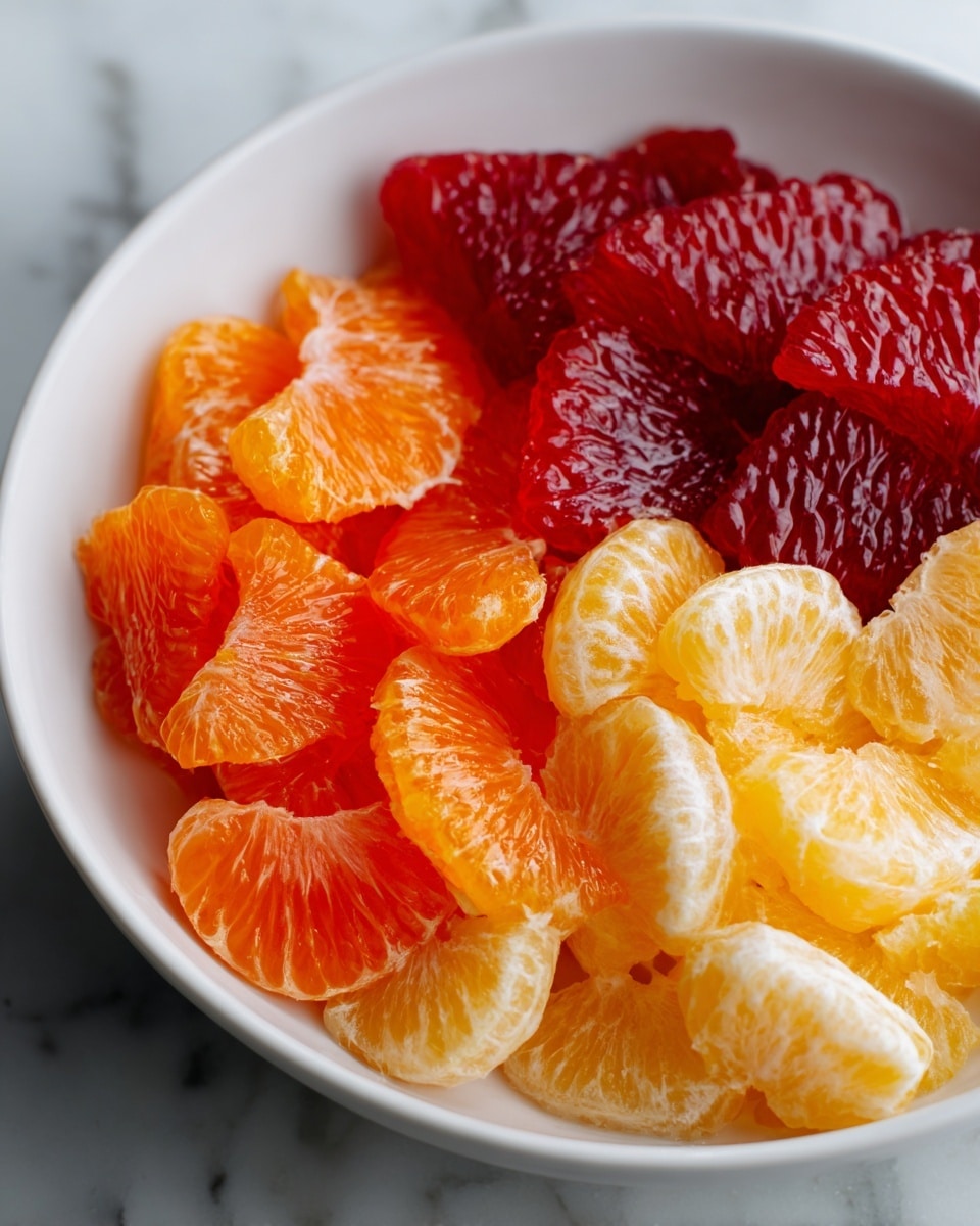 A white bowl holds four kinds of citrus fruit segments arranged in sections: bright orange segments on the left, dark red segments at the front, pale yellow segments on the right, and deeper red segments in the back. Each fruit piece has a shiny, juicy texture showing the inner pulp. The bowl sits on a white marbled surface, and the image is close up, filling most of the frame with the colorful fruits. photo taken with an iphone --ar 4:5 --v 7