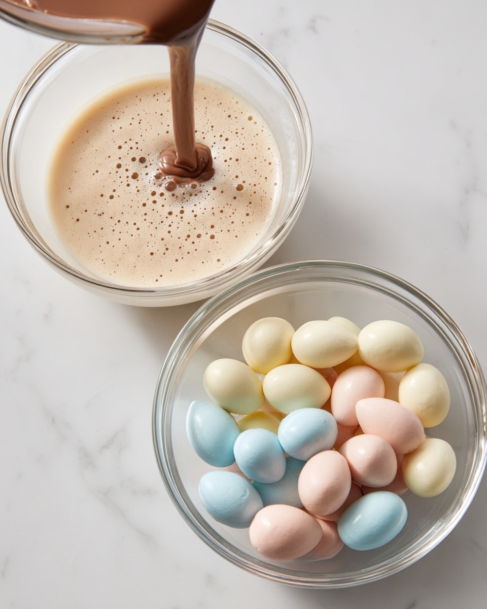 The image shows two clear glass bowls placed on a white marbled surface. The left bowl contains a small amount of creamy, light beige liquid with bubbles on the surface, and a stream of chocolate brown liquid is being poured into it from above, creating a swirling pattern in the center. The right bowl is filled with small, smooth eggshell-shaped candies in pastel colors—light yellow, pale pink, soft blue, and white—stacked evenly to form a rounded mound. Both bowls reflect light softly, highlighting their translucent texture. Photo taken with an iphone --ar 4:5 --v 7