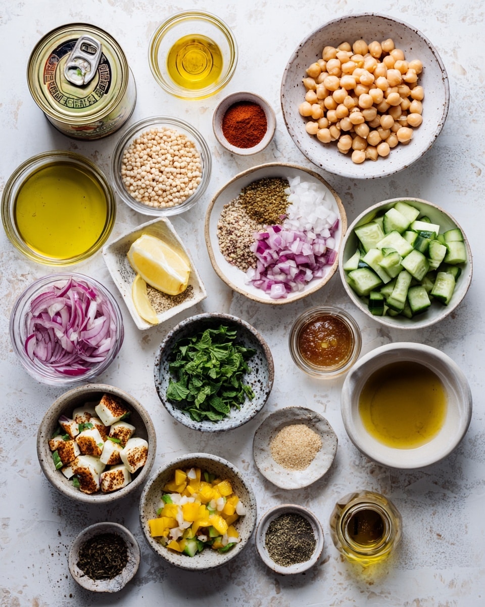 A white bowl filled with a colorful salad made of small white pearls, diced orange, red, yellow, and green vegetables, small brown chickpeas, and bits of white cheese. The ingredients are mixed together with chopped fresh green herbs. Two wooden spoons rest inside the bowl with some herbs on their surface. The bowl sits on a white marbled surface. photo taken with an iphone --ar 4:5 --v 7