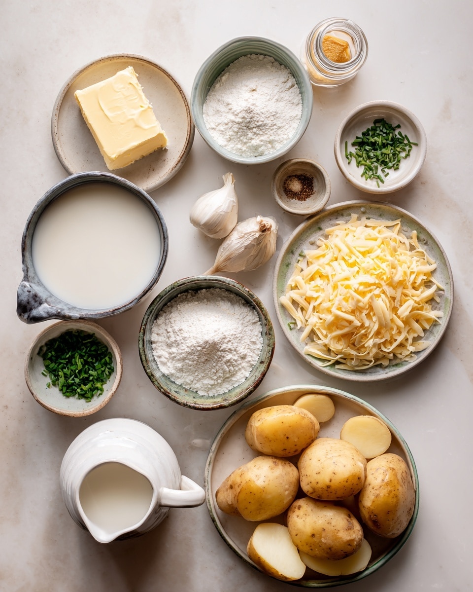 The image shows a white baking dish filled with creamy scalloped potatoes, featuring several layers of soft, thin potato slices covered with a golden-brown cheese sauce on top that has slightly bubbled and browned in spots. Some small green chive pieces are sprinkled evenly across the surface, adding a touch of color. A wooden spoon is lifting some of the creamy, cheesy potato slices from the dish, revealing the thick, smooth texture of the sauce and tender potatoes inside. The dish is placed on a white marbled surface with a beige cloth nearby, creating a cozy and warm feeling. photo taken with an iphone --ar 4:5 --v 7