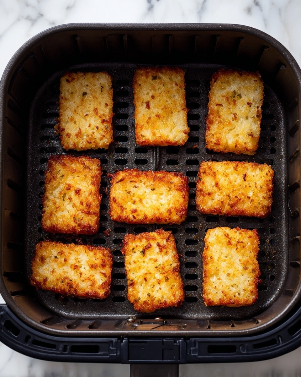 Inside a black air fryer basket, there are eight rectangular golden-brown hash browns arranged in two rows of four. Each hash brown has a crispy texture with a slightly uneven surface showing a mix of lighter and darker toasted areas. The air fryer basket has a grid pattern on the bottom and sides with small holes. The background is a white marbled surface. photo taken with an iphone --ar 4:5 --v 7