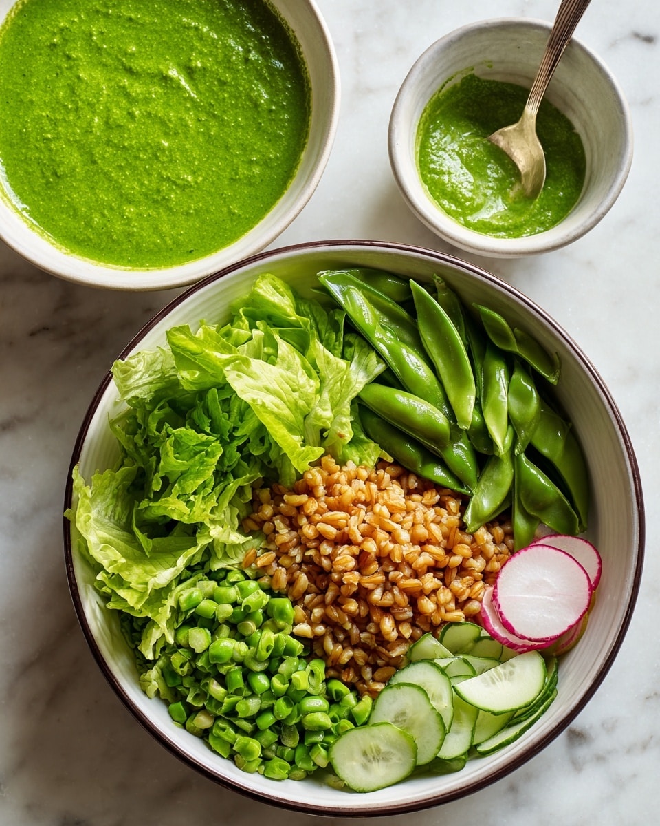 The image shows a white bowl with a thin dark rim, filled with four separate sections: chopped green leafy lettuce in the bottom left, light brown cooked grains centered on top of the lettuce, bright green sliced snap peas in the top right, and thin slices of cucumber and radish in the bottom right. Above and slightly behind the bowl, there is another white bowl filled with a thick, bright green sauce with a smooth texture, a spoon inside. The whole setup is on a white marbled surface. Photo taken with an iphone --ar 4:5 --v 7