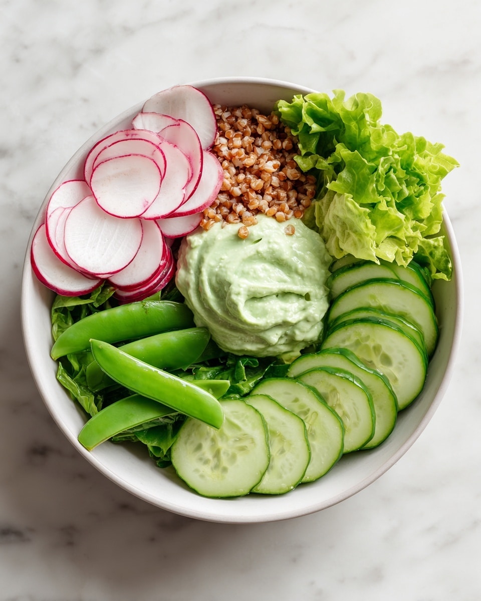 The image shows a white bowl with five main layers neatly arranged side by side. Starting from the bottom left, there are bright green snap peas cut diagonally, showing glossy fresh texture. Above them, thin slices of white radish with a touch of red on the edges give a fresh look. Moving up, round cucumber slices show their pale green inner part. The top right has a layer of small light brown grains that look soft and fluffy. In the middle of the bowl, there is a dollop of thick pale green creamy sauce sitting on top of leafy green lettuce, making the dish look fresh and vibrant. The bowl is placed on a white marbled surface. photo taken with an iphone --ar 4:5 --v 7
