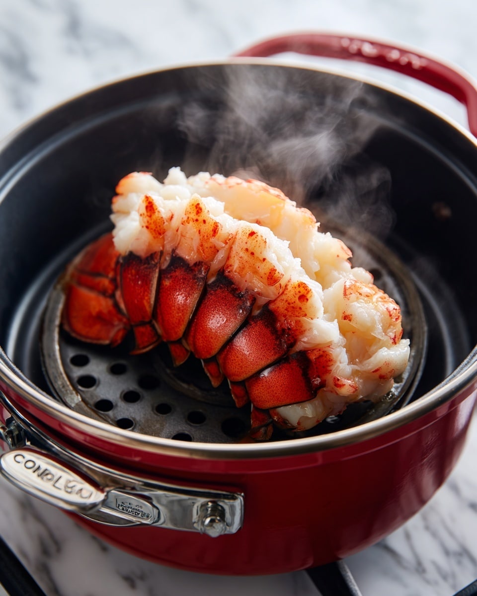 Two grilled lobster tails are placed on a white plate with a light char on the bright orange shells. The top layer of each tail is creamy white lobster meat, seasoned with small green parsley bits and hints of black pepper. A lemon wedge sits on the left side of the plate, with a few fresh green parsley leaves scattered around. The plate is on a light blue cloth over a white marbled surface. In the background, there's a clear glass bowl with golden melted butter, slightly out of focus. Photo taken with an iphone --ar 4:5 --v 7