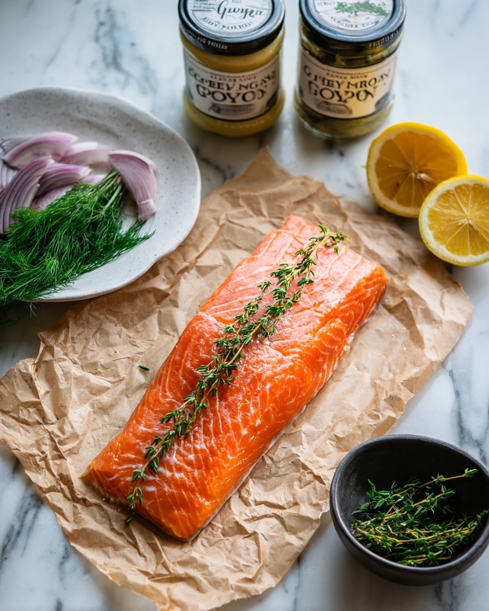 A bright orange fillet of salmon is placed on a piece of crinkled light brown parchment paper, showing its smooth and slightly glossy texture with visible lines running lengthwise. On top of the salmon, there are several green sprigs of fresh thyme spread across the middle. To the left, there is a cluster of green dill and a few light purple shallot slices arranged on a white plate. In the background, two jars of mustard with white lids labeled