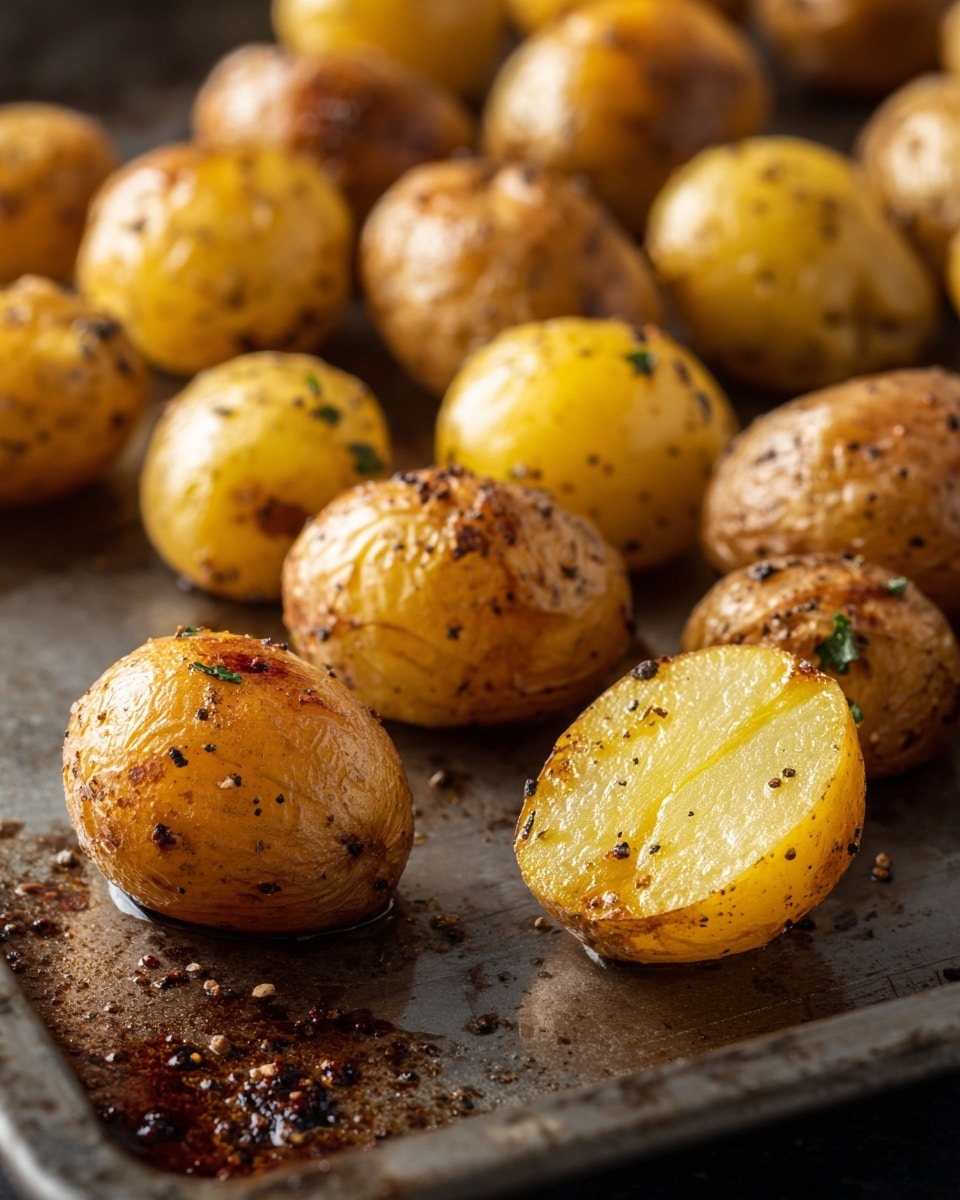 The image shows small roasted potatoes on a metal baking tray with a shiny, slightly oily surface. The potatoes are whole and some are cut in half, revealing a soft, golden-yellow inside. The outer skin is light brown with specks of black pepper and other seasonings scattered on the potatoes and tray. The tray has burnt spots and a textured look from roasting. The close-up view captures the crisp skin and moist, tender inside of the potatoes. photo taken with an iphone --ar 4:5 --v 7