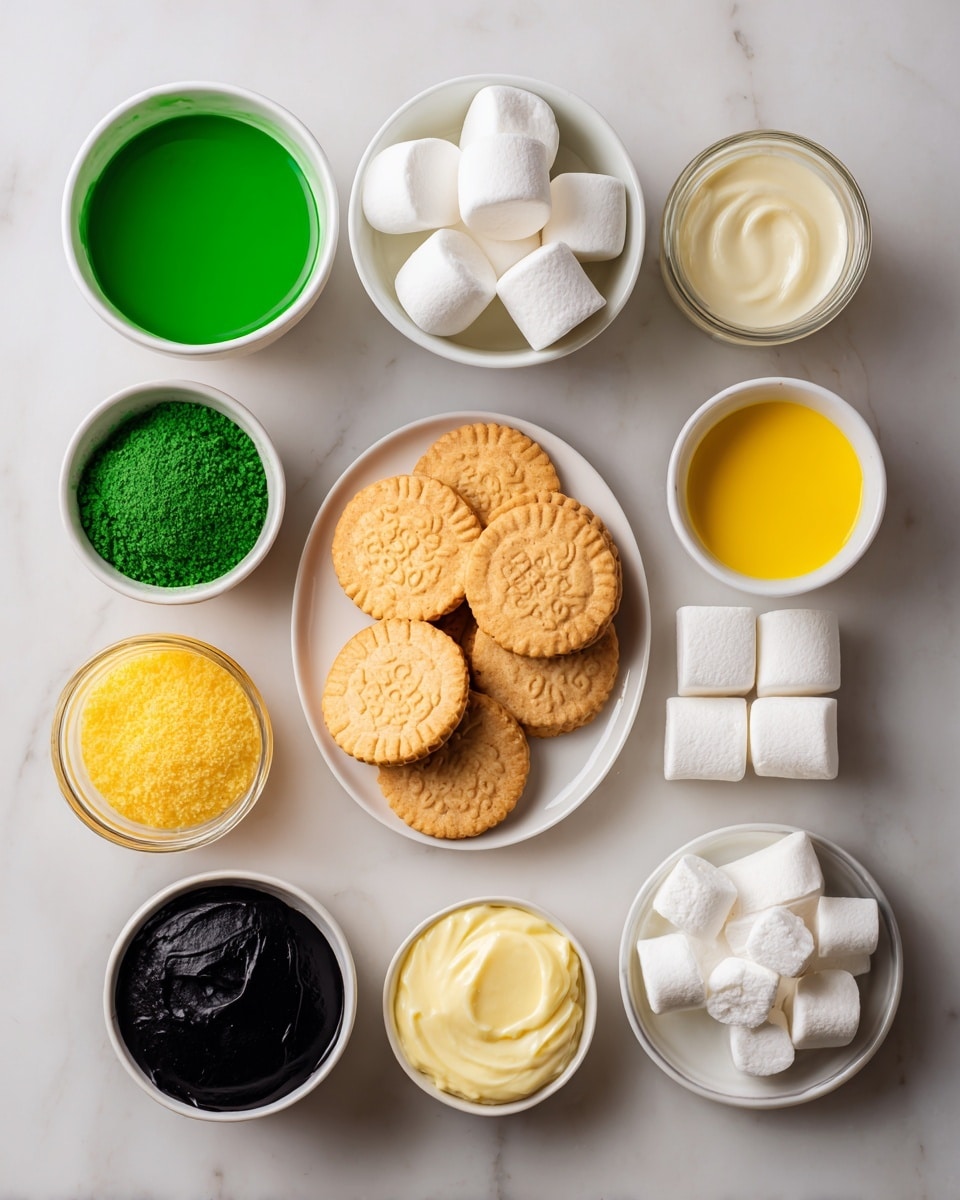 A white bowl filled with smooth, thick, bright green creamy mixture is being stirred by a woman's hand holding a pale blue silicone spatula. In the background, there are two clear glass bowls, one with large white marshmallows and the other with round beige cookies, all placed on a white marbled surface. The image shows a close-up view focusing mainly on the bowl with the green mixture and the woman's hand. photo taken with an iphone --ar 4:5 --v 7