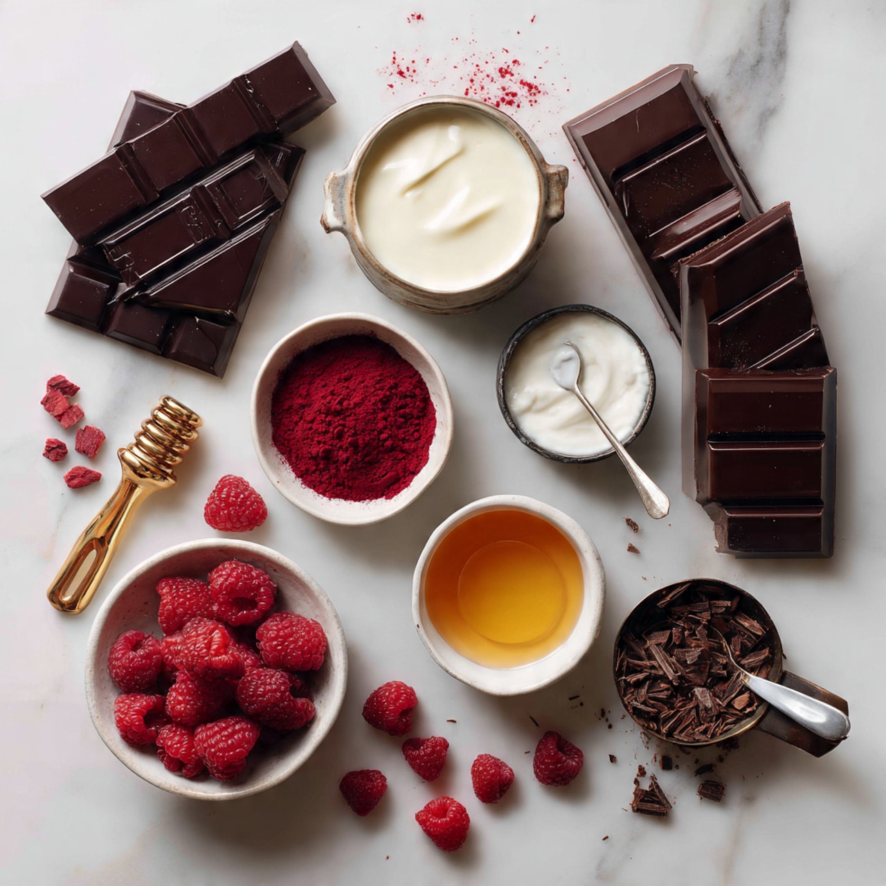 A close-up of a round chocolate truffle that is cut in half to show two main layers: a smooth, dense, dark brown chocolate filling inside and a thinner, shiny dark chocolate coating on the outside. The truffle is sprinkled with small bright red crumbs on top and around it. Several whole truffles are blurred in the background on a white marbled surface. A white bowl with more red crumbs is partially visible on the left side. Photo taken with an iphone --ar 4:5 --v 7
