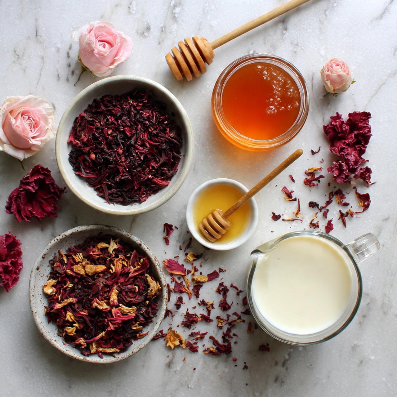 A white ceramic teapot with a wicker handle is pouring bright red tea into one of two clear glass mugs placed side by side; the mug on the right is being filled with the red liquid while the mug on the left remains empty. Both mugs rest on a white hexagonal tile, which is set on a white marbled surface. Around the tile, there are several vibrant red flower petals and whole dried flowers scattered, along with two vintage silver spoons lying in the foreground. In the blurred background, two tall white ceramic vases hold dried wheat stalks against a white marbled wall, creating a clean and minimalistic scene. Photo taken with an iphone --ar 4:5 --v 7