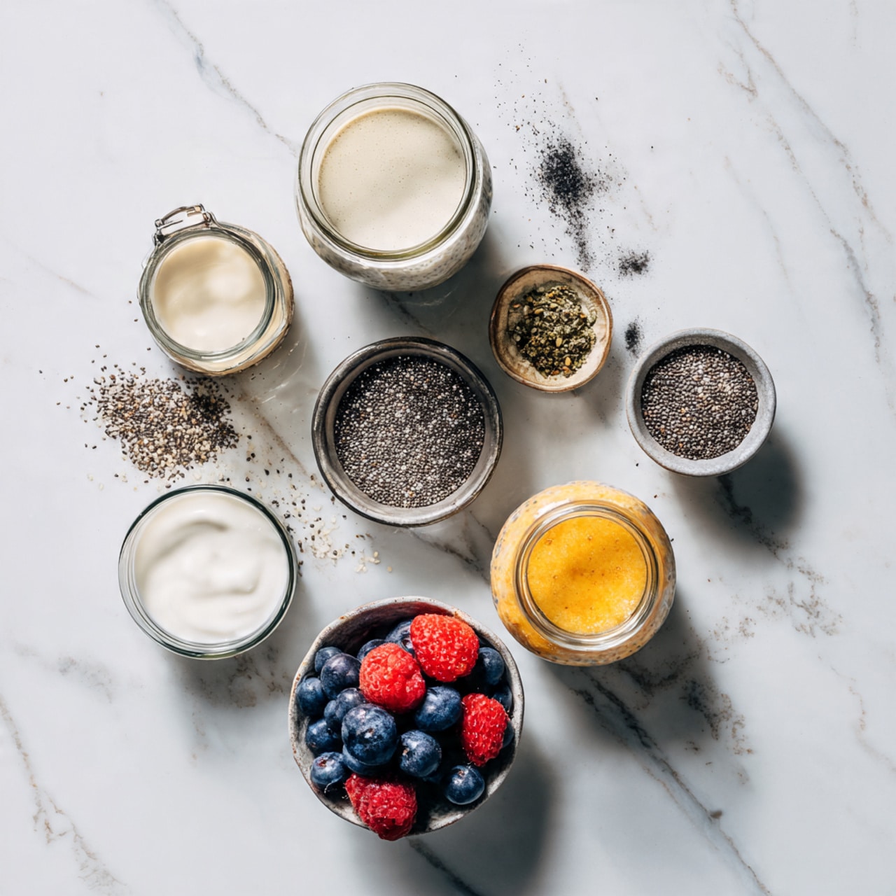 A clear glass holds a three-layer dessert with a base layer of smooth light purple puree, a middle layer of creamy white chia seeds soaked in liquid showing their small round texture, and a top layer of thick pastel blue cream. Crowning the dessert is a small pile of fresh dark blue blueberries. The glass sits on a white plate with a white marbled texture in the background, and a few scattered blueberries rest on the plate. Photo taken with an iphone --ar 4:5 --v 7