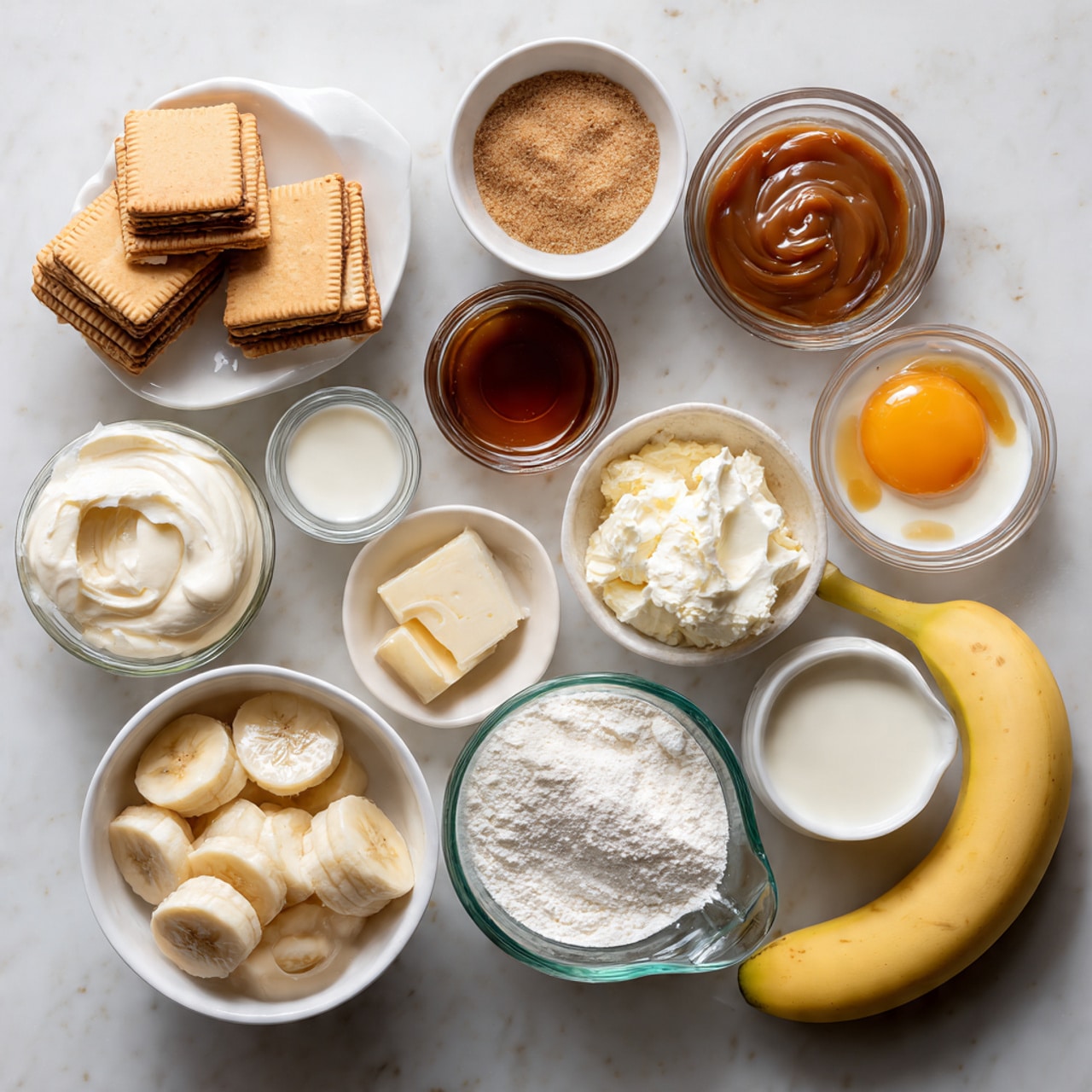 The image shows many small cheesecakes on a black wire rack with brown paper under it, placed on a white marbled texture. Each cheesecake has three layers: a light brown crumbly base, a smooth pale yellow middle cheesecake layer, and a thick white whipped cream layer on top. The whipped cream is decorated with light brown caramel sauce drizzled over it, and each cheesecake has a curved slice of banana standing upright on one side of the cream. There is a silver spoon with some caramel sauce on it resting on the rack in front of the cheesecakes. Photo taken with an iphone --ar 4:5 --v 7