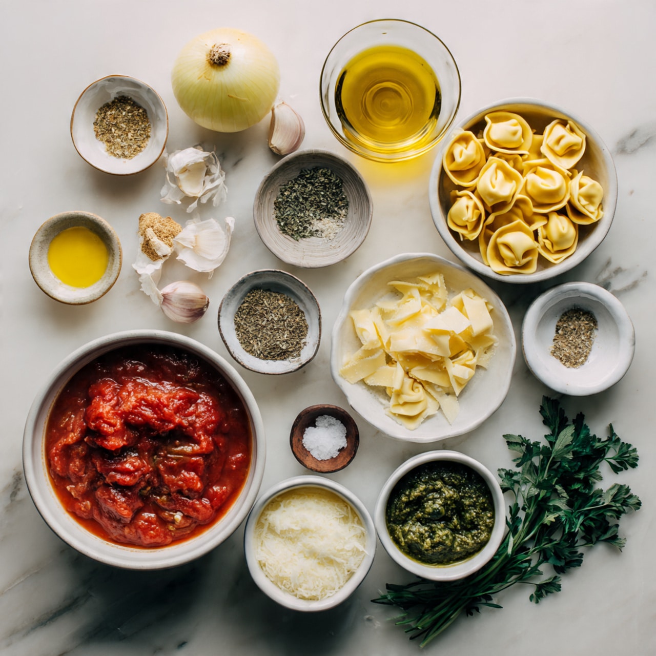 A white bowl filled with rich, thick orange-red tomato cream sauce containing several folded tortellini pasta pieces with a soft, smooth texture. The sauce has visible specks of herbs and small tomato chunks dispersed throughout. The top layer is garnished with finely chopped green herbs and a sprinkle of grated cheese, adding a textured contrast. A silver spoon is partially dipped into the sauce on the right side. The bowl sits on a white marbled surface, with a small round bowl of grated cheese and a bowl of chopped green herbs slightly visible in the top right background. photo taken with an iphone --ar 4:5 --v 7