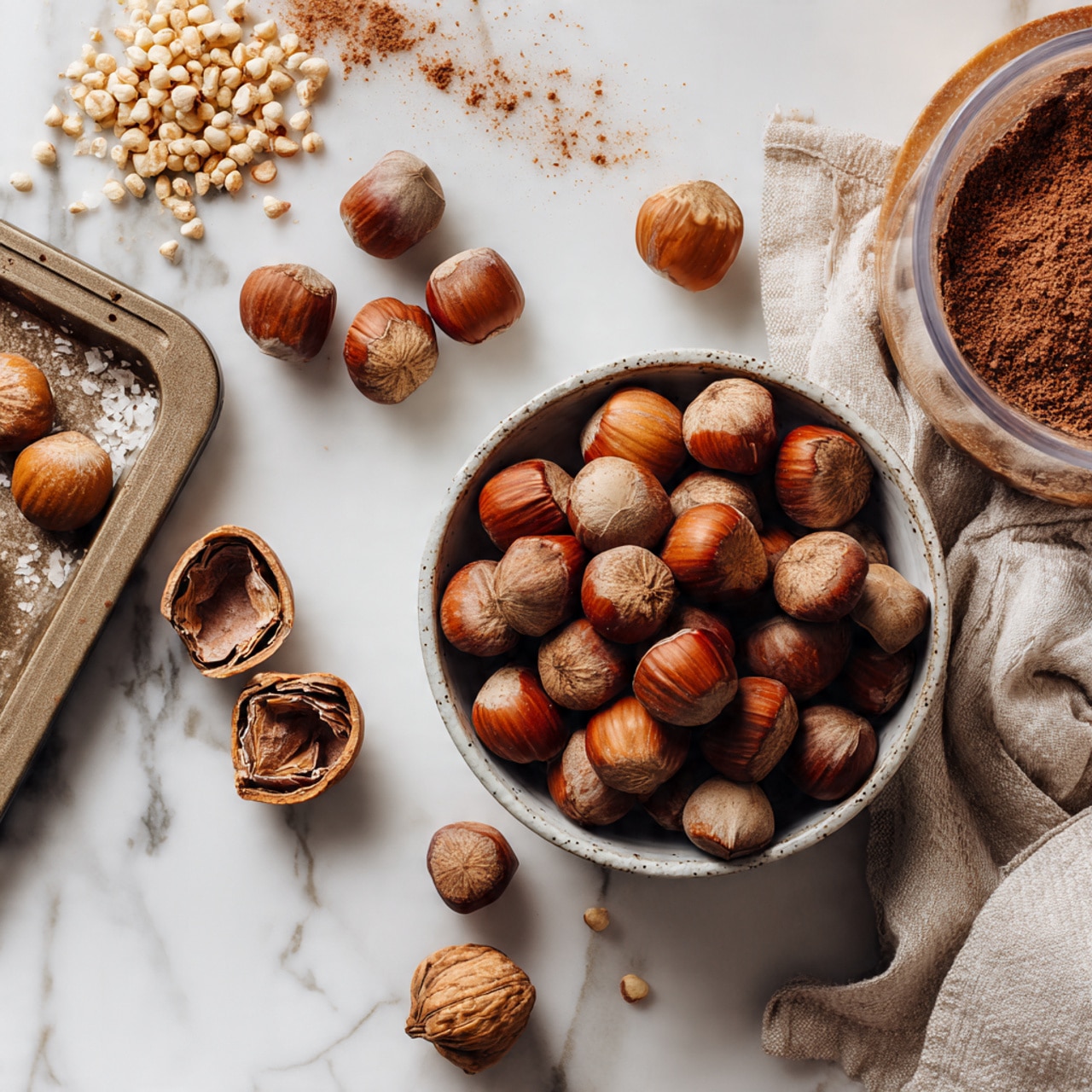 A clear glass jar filled with thick, smooth brown nut butter sits on a small white plate with a wooden base, placed on a white marbled surface. A spoon held by a woman's hand lifts a scoop of the nut butter from the jar, showing its creamy texture with tiny nut bits. Whole hazelnuts are scattered nearby, adding a natural element to the scene. The background is softly blurred with light, keeping the focus on the jar and spoon. Photo taken with an iphone --ar 4:5 --v 7