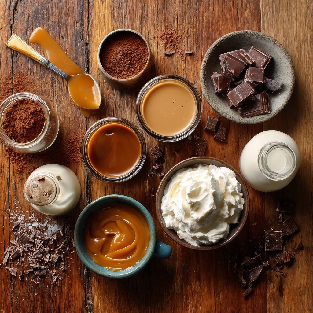 A transparent glass cup sits on a white plate with a smooth, shiny surface, placed on a white marbled table. The cup holds a creamy coffee drink with three visible layers: a dark brown bottom layer, a lighter brown middle layer, and a frothy, creamy top layer covered with fluffy white whipped cream. Caramel sauce drips down the side of the cup in golden streams, and a dusting of dark chocolate flakes is scattered on top of the whipped cream and around the cup on the plate and table. A small silver spoon is inside the cup, and in the background, there is a tall bottle of milk with a blurred gray cloth behind it. photo taken with an iphone --ar 4:5 --v 7
