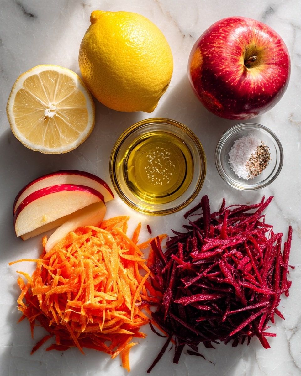 A white bowl filled with a shredded salad made of deep red and bright orange thin strips mixed together. The salad is heaped in the bowl with two thin lemon slices placed on the right side. A shiny silver spoon rests inside the bowl on the left side, slightly under the salad. The bowl is set on a white marbled surface with a soft textured cloth in the background. photo taken with an iphone --ar 4:5 --v 7