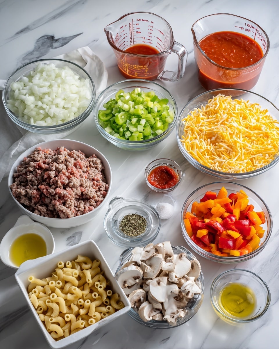 The image shows multiple clear bowls and a white bowl arranged on a white marbled surface, each holding different ingredients for cooking. There is a clear bowl filled with finely chopped white onions, another with chopped green celery, and a white bowl piled with shredded yellow cheese. A large clear bowl contains raw ground meat, while smaller clear bowls hold diced orange carrots, chopped red bell peppers, and sliced white mushrooms. Two glass measuring cups contain a thick red tomato sauce and water, and a small clear bowl has salt and dried herbs. A white bowl has diced tomatoes in red sauce, and a small white bowl contains yellow cooking oil. An open box spilling uncooked elbow macaroni pasta is also part of the scene. The photo taken with an iphone --ar 4:5 --v 7