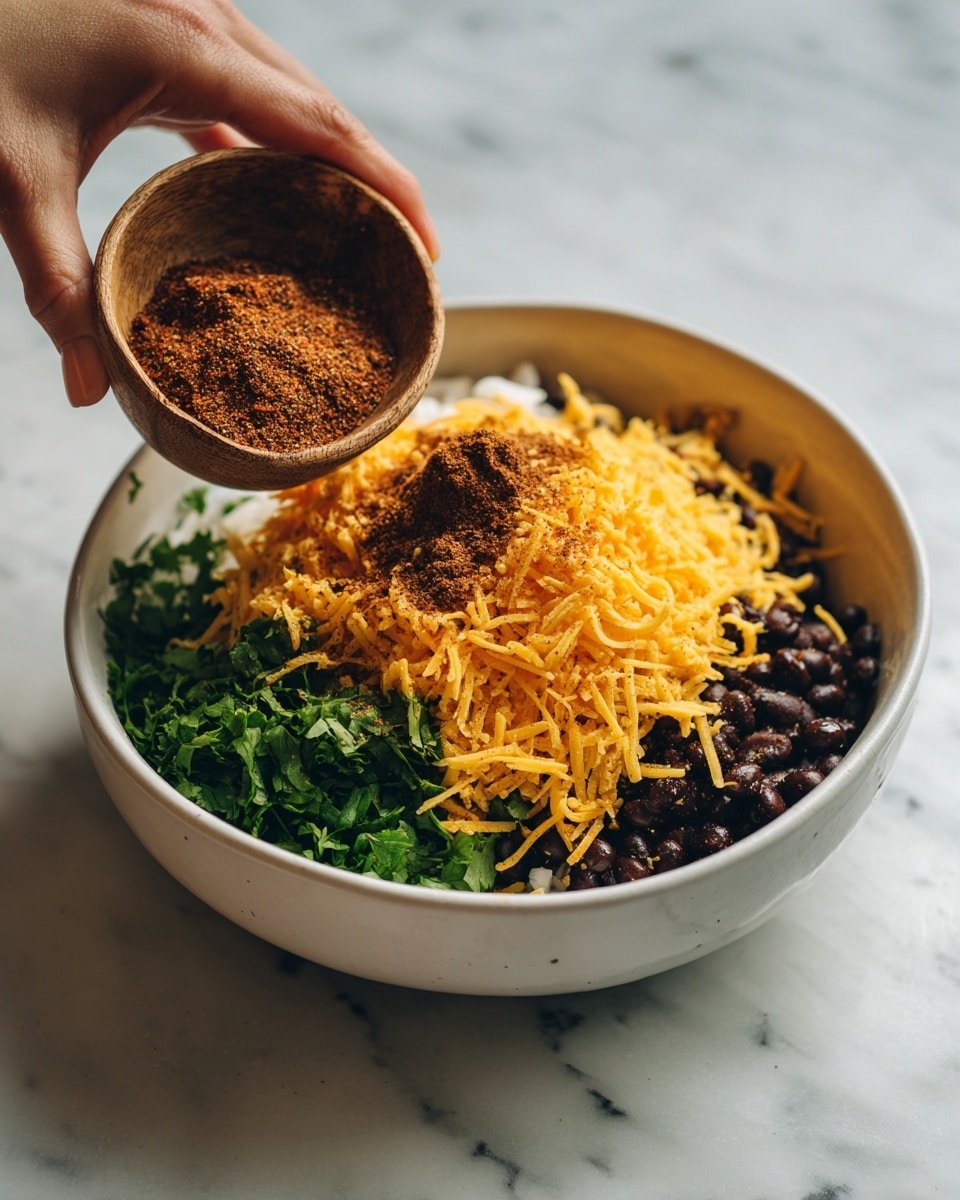 A white bowl sits on a white marbled surface filled with layers of ingredients: the bottom layer shows fresh green chopped herbs, topped with a layer of black beans, followed by a thick layer of shredded bright orange cheese covering most of the beans and herbs. On top of the cheese, a mix of dark red and brown spices is sprinkled unevenly. In the left foreground, a woman's hand holds a small brown wooden bowl filled with the same mix of spices, ready to be poured over the cheese. The light is soft and natural, showing clear texture on the cheese and spices. photo taken with an iphone --ar 4:5 --v 7