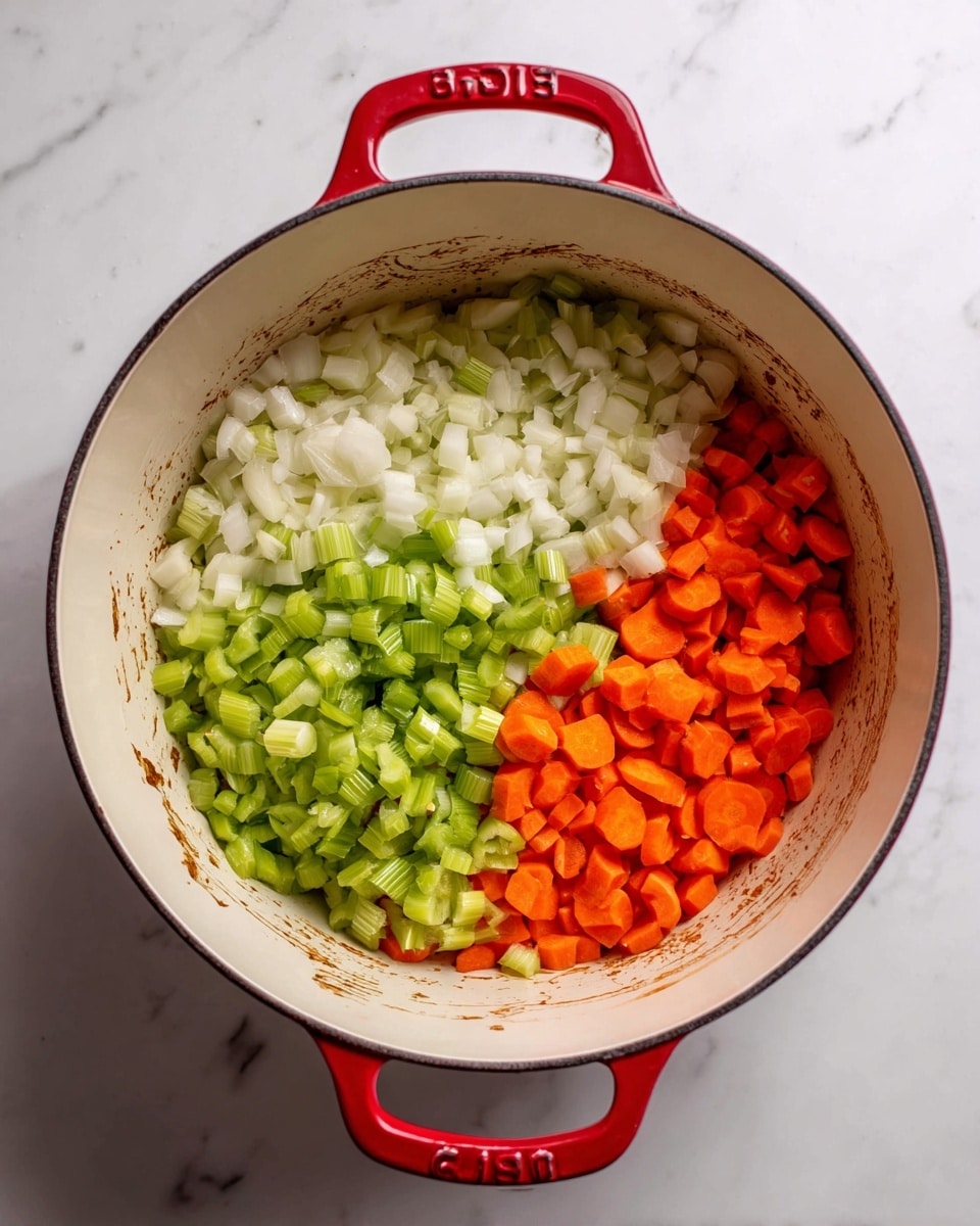 A white pot with red handles is filled with three layers of chopped vegetables: at the bottom, there is a layer of white diced onion pieces; on top of that, bright orange carrot slices are placed mostly on the right side; the top layer consists of light green sliced celery spread mostly on the upper half. The inside of the pot shows some brown cooking marks and it sits on a white marbled surface. photo taken with an iphone --ar 4:5 --v 7
