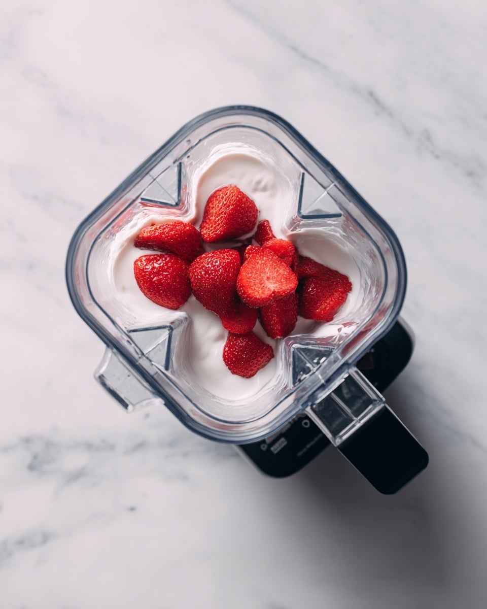 The image shows a clear blender container with three sharp, silver blades in the center at the bottom. Inside the blender, there are several frozen red strawberries sitting in a layer of white creamy liquid. The blender sits on a white marbled surface. The handle of the blender is black. photo taken with an iphone --ar 4:5 --v 7