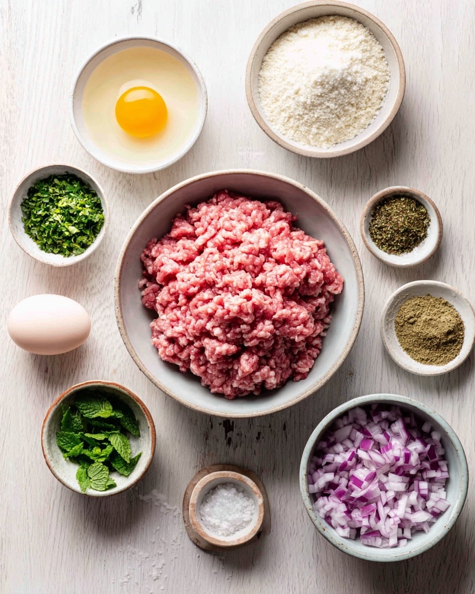 A white bowl holds a colorful Middle Eastern dish with four main layers. The bottom layer is creamy beige hummus spread thinly, topped with five golden-brown falafel balls, one broken open showing a light, crumbly inside. To the right, fresh salad of bright red cherry tomatoes, light green cucumber pieces, and purple onion slices rests on leafy green lettuce, with dollops of white yogurt sauce speckled with green herbs. On the far right side, two warm, round pita bread wedges are placed leaning against the salad. The dish is garnished with chopped fresh herbs and red spice flakes, all set on a white marbled surface. Photo taken with an iphone --ar 4:5 --v 7