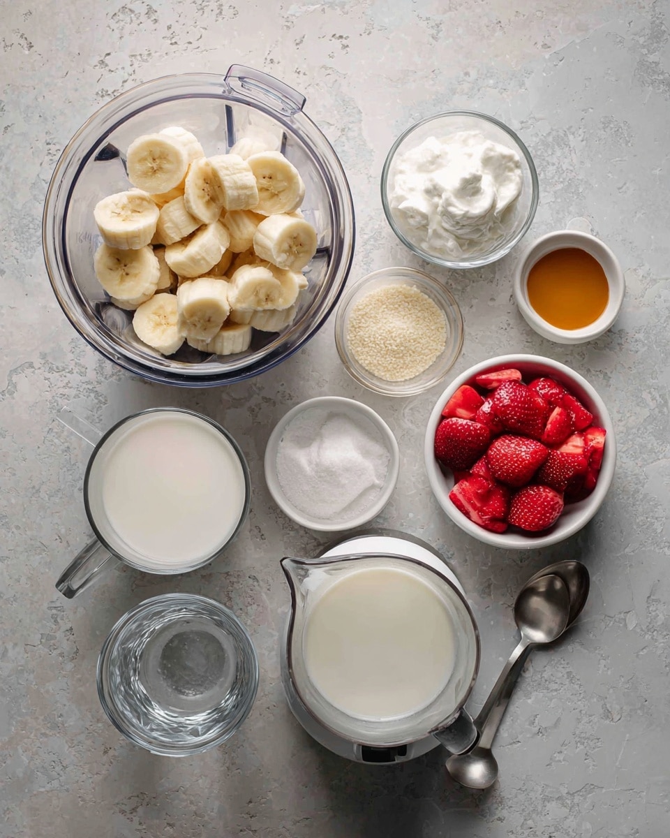 Two tall clear glasses are filled with smooth, pale pink strawberry smoothie. Each glass has a white paper straw with red heart prints inserted near the edge, and a whole bright red strawberry sits on the rim of each glass. The glasses are placed on a white marbled surface with scattered whole strawberries and blurred yellow bananas in the background, creating a fresh and inviting look. The lighting is soft and natural, highlighting the creamy texture of the drink and the vibrant color of the strawberries photo taken with an iphone --ar 4:5 --v 7