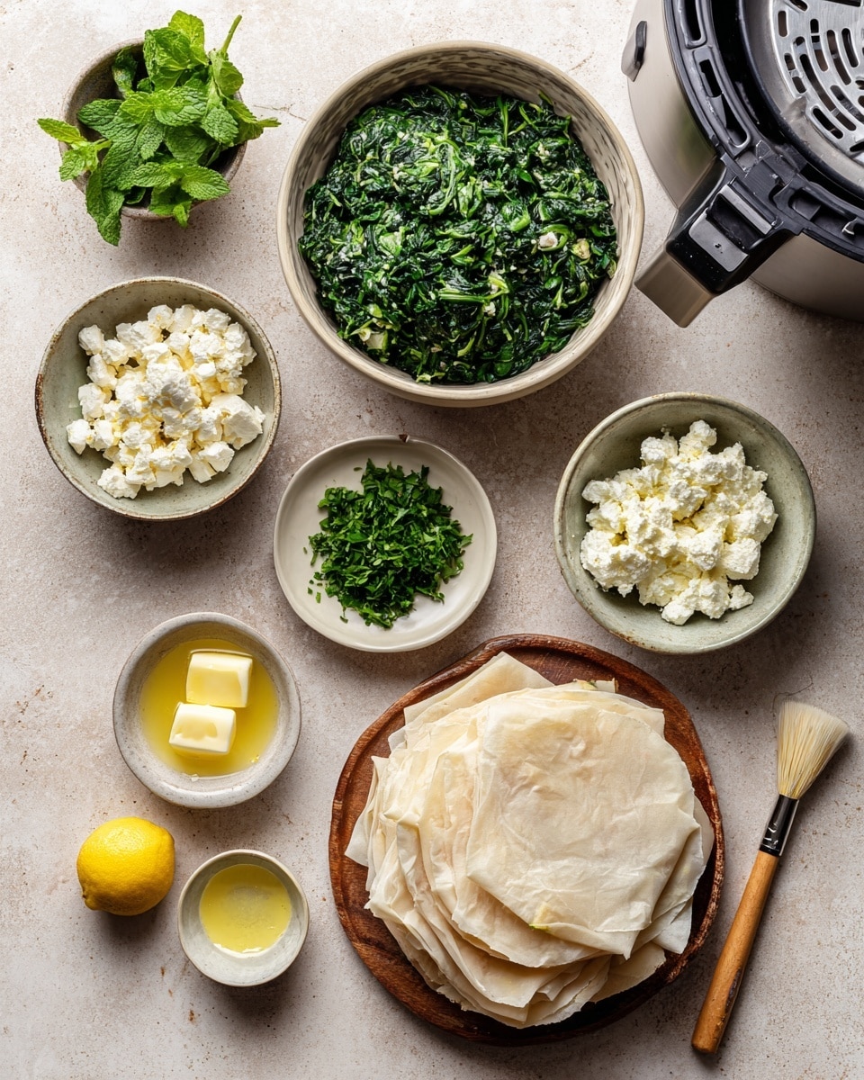 The dish shows two golden brown wrapped rolls placed side by side on a white marbled bowl, cut in half to show a green and white filling inside. Next to the rolls, there is a collection of bright red cherry tomatoes, some whole and some sliced in half, with a shiny dark glaze and small bits of green herb sprinkled on top. The bowl rests on a white marbled surface with a few green herb leaves scattered around and a small bunch of red cherry tomatoes in the background. photo taken with an iphone --ar 4:5 --v 7