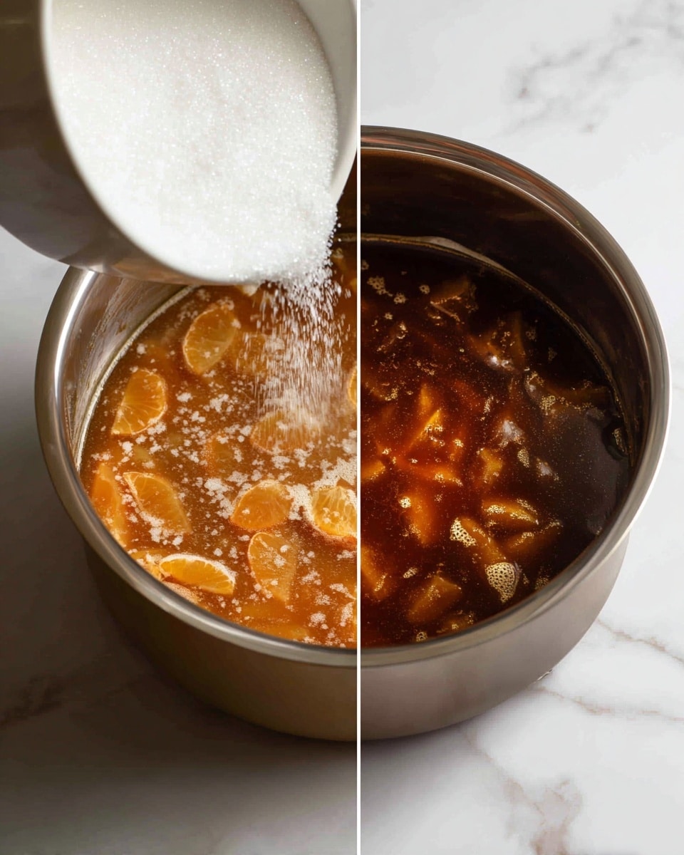 A close-up view of a wooden spoon holding shiny, thick orange-brown sauce with soft, cooked slices of fruit or vegetables immersed in it. The texture of the sauce appears smooth and glossy, reflecting light gently, while the chunks are tender with a slightly translucent look. The background shows more of the same sauce with a warm, rich color and dense consistency, all against a white marbled surface. photo taken with an iphone --ar 4:5 --v 7