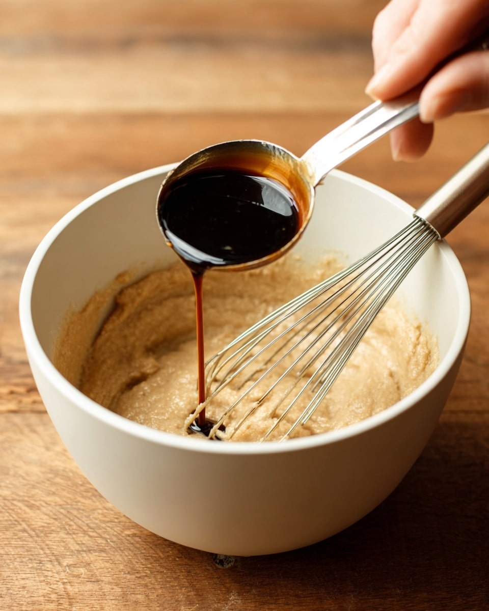 A close-up image shows a woman's hand holding a metal measuring spoon filled with dark brown liquid above a white bowl containing a thick light tan batter with a whisk resting inside. The bowl sits on a wooden surface, adding contrast to the smooth batter inside. The liquid in the spoon has a shiny surface and rich color, ready to be added to the batter. Photo taken with an iphone --ar 4:5 --v 7
