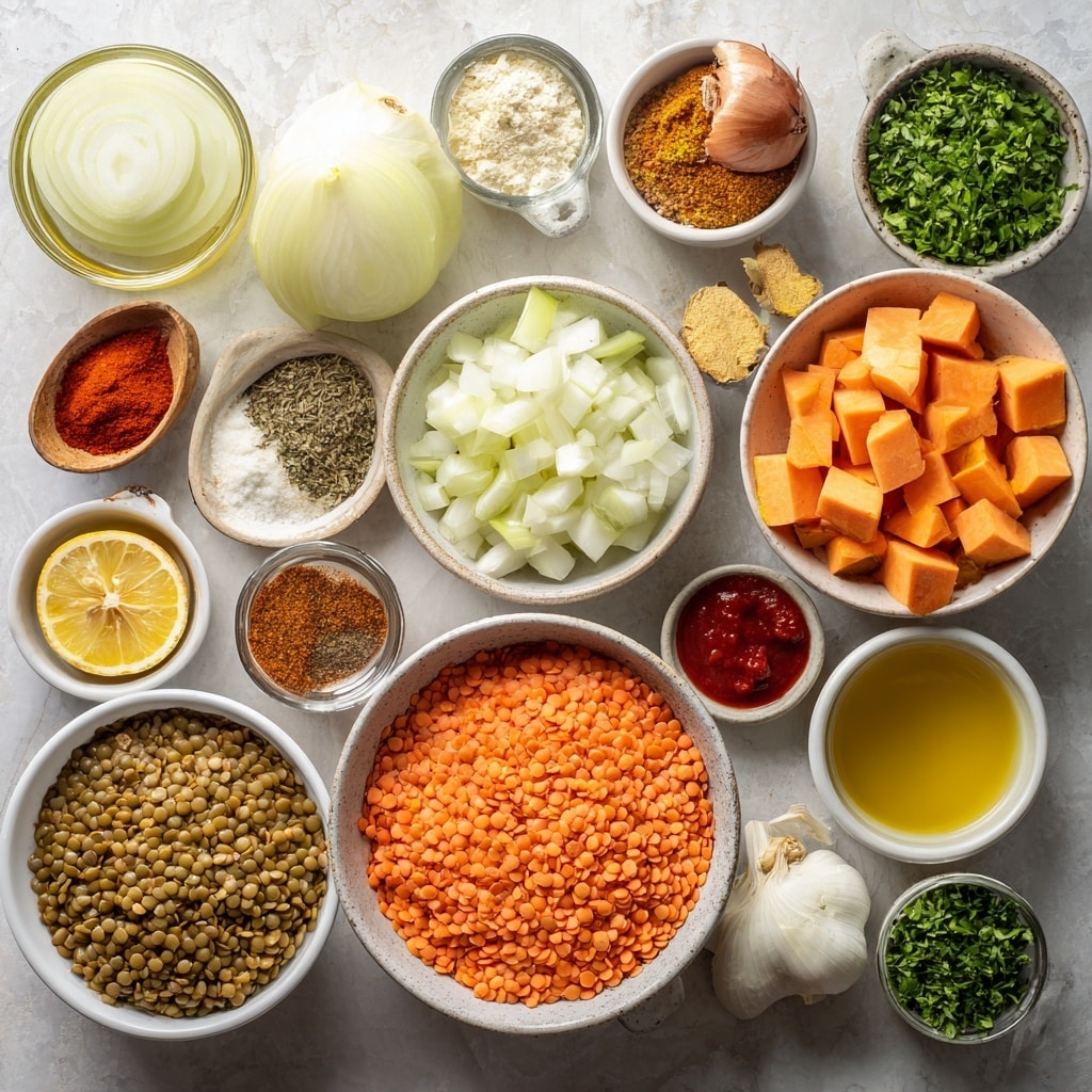 A bowl filled with thick soup showing multiple layers of small orange cubes, green lentils, and chopped herbs, all mixed in a rich broth with visible diced vegetables. A silver spoon inside the bowl lifts a portion of the soup, highlighting the texture and colors of the ingredients. The bowl is white with a slightly speckled gray edge, placed on a circular woven mat over a white marbled surface. Nearby is a lemon wedge and a small white bowl filled with fresh chopped green herbs. In the upper part of the image, a glass jar with metal clasps contains red chili flakes, adding a rustic touch. photo taken with an iphone --ar 4:5 --v 7