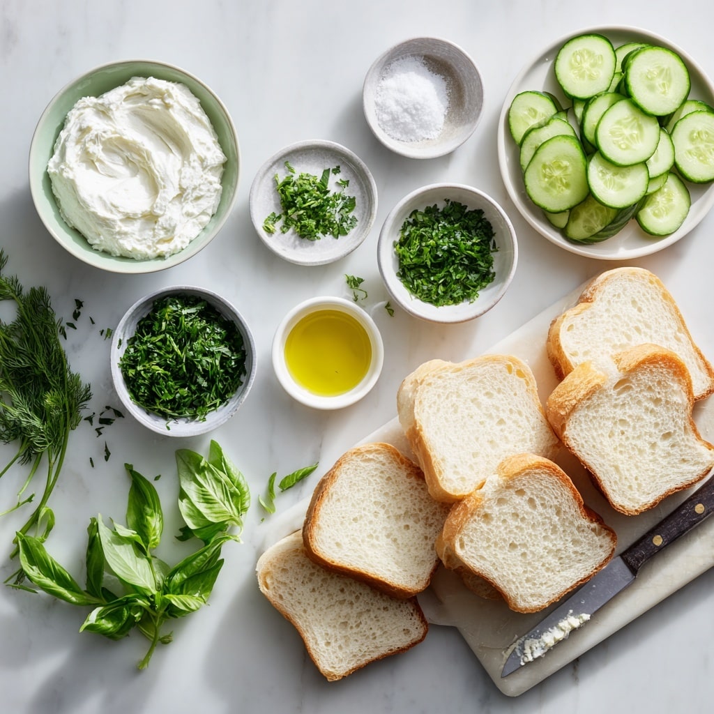 The image shows several small square sandwiches arranged on a white plate with a subtle speckled pattern, placed on a white marbled surface. Each sandwich has three layers: two soft white bread slices on the top and bottom and a middle layer of white cream with thin, green cucumber slices visible. On top of each sandwich, there is a small wedge of cucumber with a few delicate green dill sprigs as decoration. Some extra cucumber slices and dill sprigs are scattered around the plate, adding a fresh touch. The light is soft, highlighting the textures of the bread and fresh ingredients. Photo taken with an iphone --ar 4:5 --v 7