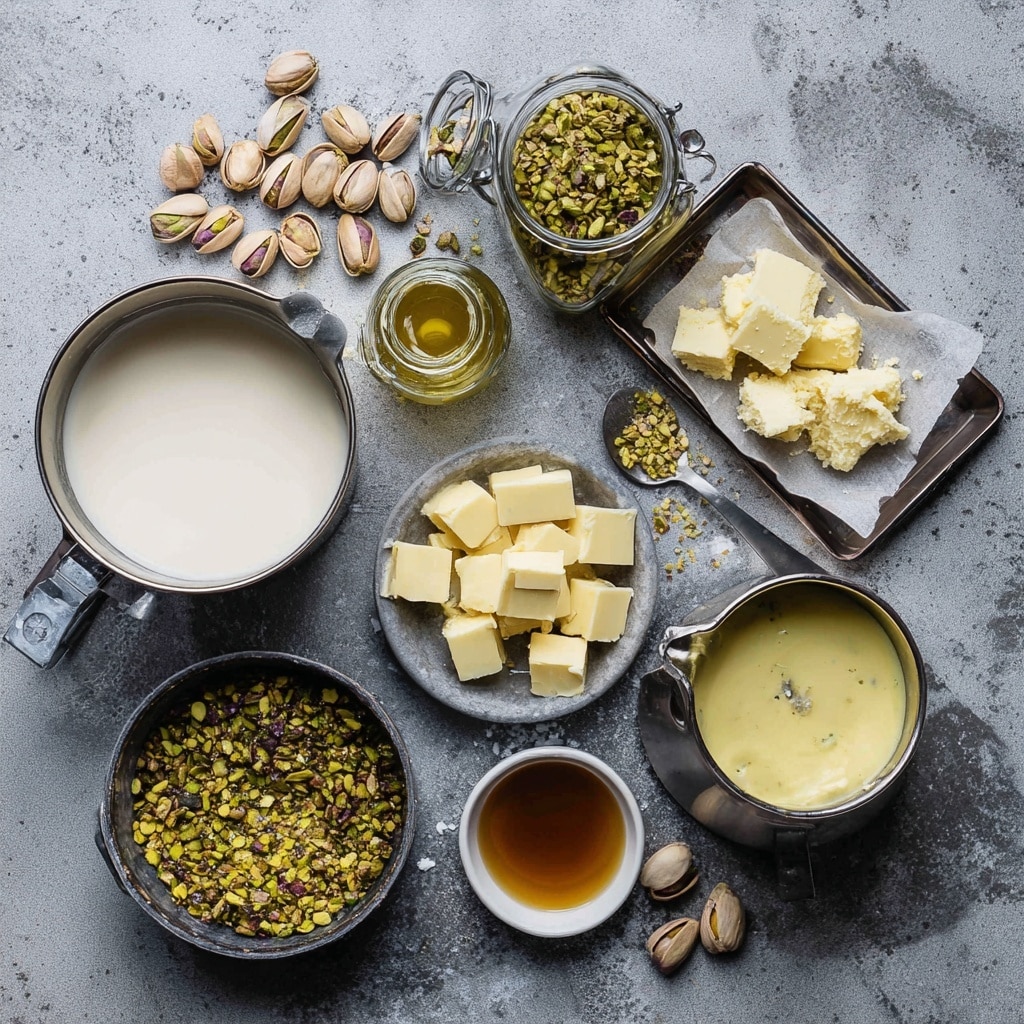 The image shows a stack of four square pieces of yellowish-green fudge with visible chunks of green pistachio nuts embedded inside each piece. The top fudge piece has thick, yellow-green syrup dripping down its side to the piece below. Around the main stack, there are more scattered fudge squares and loose pistachios on a white marbled surface covered partially with a strip of newspaper print. The background is softly blurred, featuring a white bowl holding more of the same fudge and a silver textured container on a white marbled surface. Photo taken with an iphone --ar 4:5 --v 7