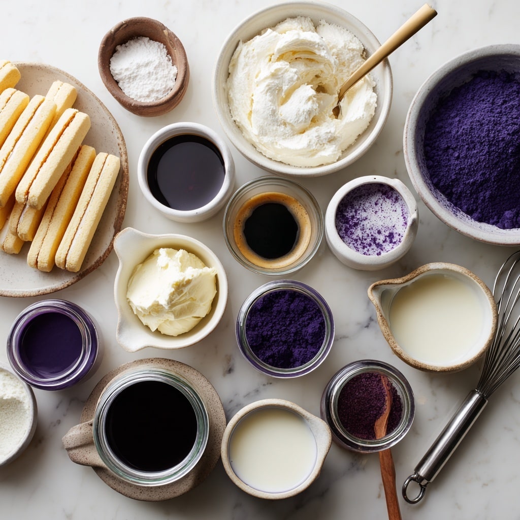 A close-up view of a square slice of dessert being lifted with a metal spatula with a wooden handle by a woman's hand. The slice has three thick layers: the top layer is a vibrant purple powdered topping with a slightly rough texture; the middle and bottom layers are creamy light purple whipped filling mixed with visible chunks of light yellow cake. The slice is held above a white rectangular dish filled with the same dessert on a white marbled surface, and a blurred white container is visible in the background. Photo taken with an iphone --ar 4:5 --v 7
