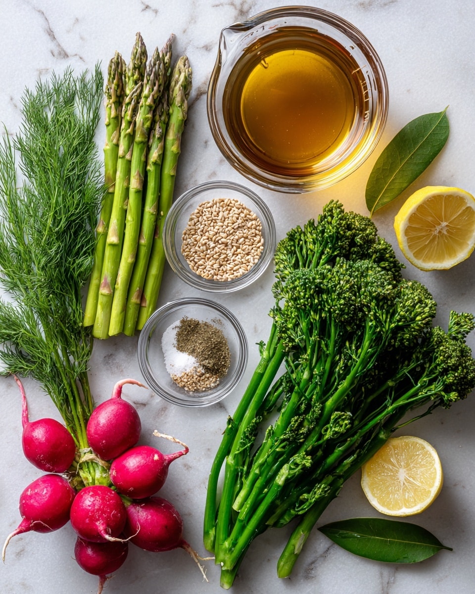 A white marbled surface holds fresh ingredients arranged neatly: on the left, a bundle of bright green asparagus with light tips, next to a cluster of vivid red radishes with leafy green tops; to the right, vibrant green broccolini with a textured, bumpy crown and long stems. In the center, small clear glass bowls contain light brown wheat grains, golden olive oil, coarse white salt, and a tan paste. Above the bowls, fresh green herbs, including chives with long thin leaves and feathery dill, create a soft texture. A clear glass measuring cup filled with amber-colored broth sits in the top right corner, with two green bay leaves placed nearby. Two lemon halves, showing bright yellow flesh, are placed on the marbled surface near the broccolini and salt bowl. photo taken with an iphone --ar 4:5 --v 7