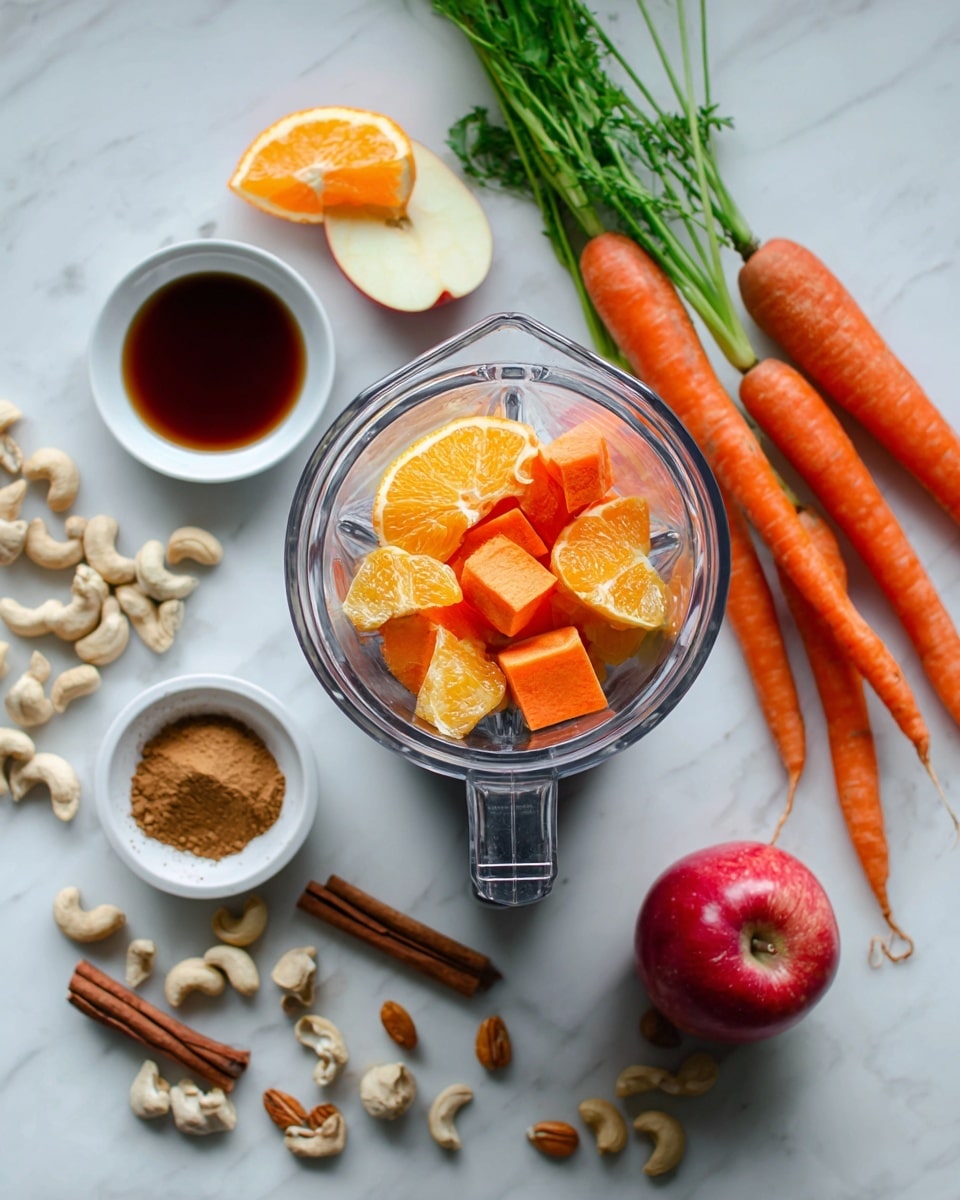 The image shows a transparent blender with visible ingredients inside placed on a white marbled surface. Inside the blender, there are bright orange carrot chunks and vibrant orange slices of peeled orange resting on top. Around the blender, fresh carrots with green tops lie diagonally on the right side next to a red apple. On the left side, there is a small white bowl filled with dark brown syrup, a half-cut bright orange, a small pile of cashew nuts, and scattered cashews around the bowl. There are also several whole nuts, a white bowl with brown powder, and cinnamon sticks arranged neatly near the bottom. The scene is bright and natural, with the focus on fresh ingredients and the clear blender container. photo taken with an iphone --ar 4:5 --v 7