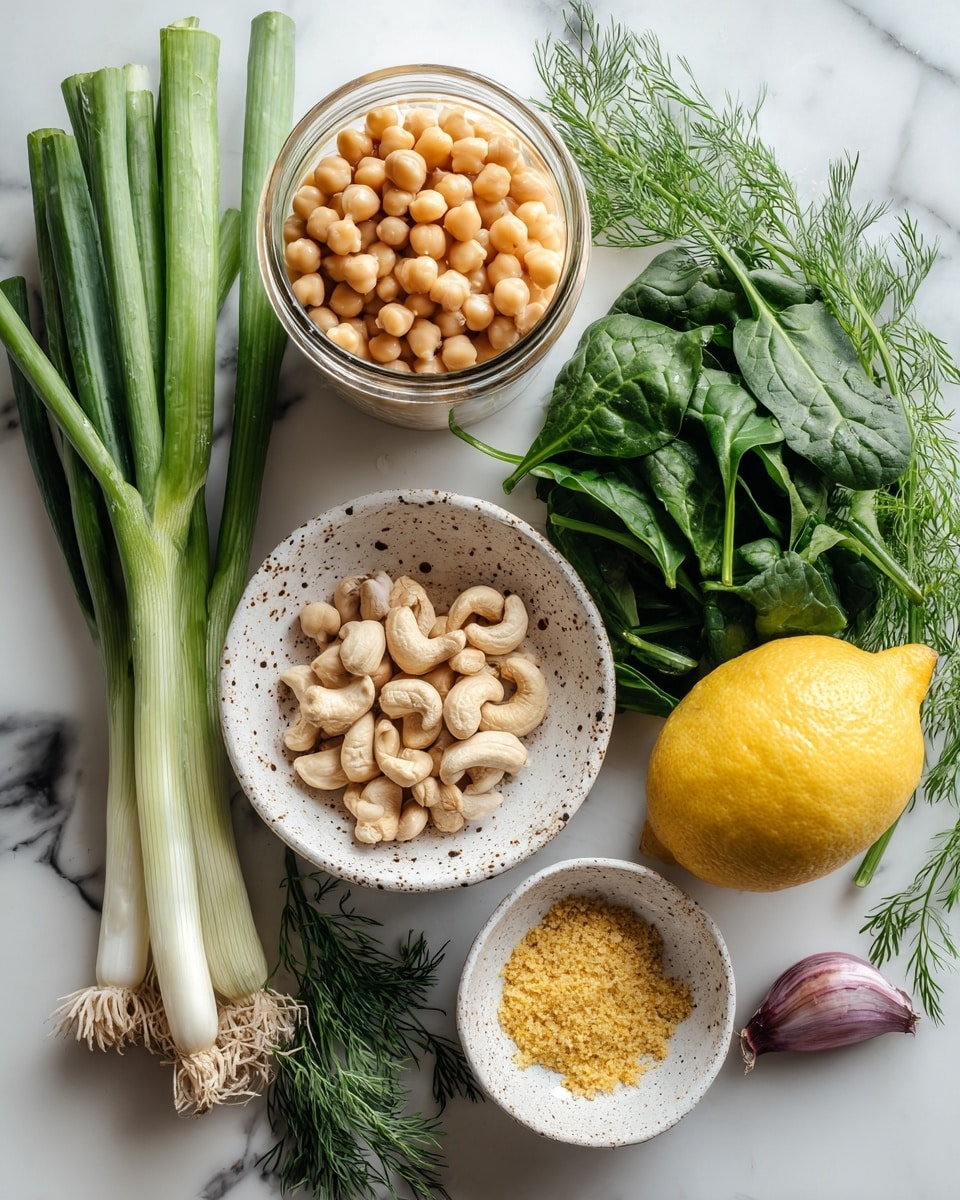 The image shows cooking ingredients arranged on a white marbled surface, including a jar filled with light yellow chickpeas on the left, next to a bunch of fresh green onions with white bulbs and long green stalks placed vertically. There is a pile of fresh dark green spinach leaves beside the onions, and some green dill fronds near the bottom right. A whole lemon with a bright yellow color is placed near the jar. In the center, there is a white bowl with small brown speckles, filled with light tan cashew nuts. Below the bowl with cashews, there is a smaller white bowl, also speckled, containing a yellow granular substance. A small, light purple garlic bulb is positioned near the bottom right corner. Photo taken with an iphone --ar 4:5 --v 7