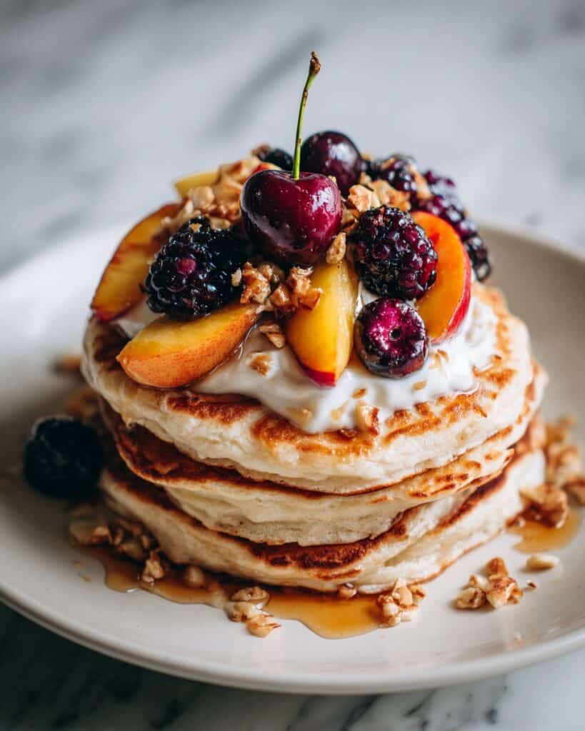 Tofu Pancakes with Seasonal Fruit, Vegan Yoghurt, and Maple Syrup Recipe
