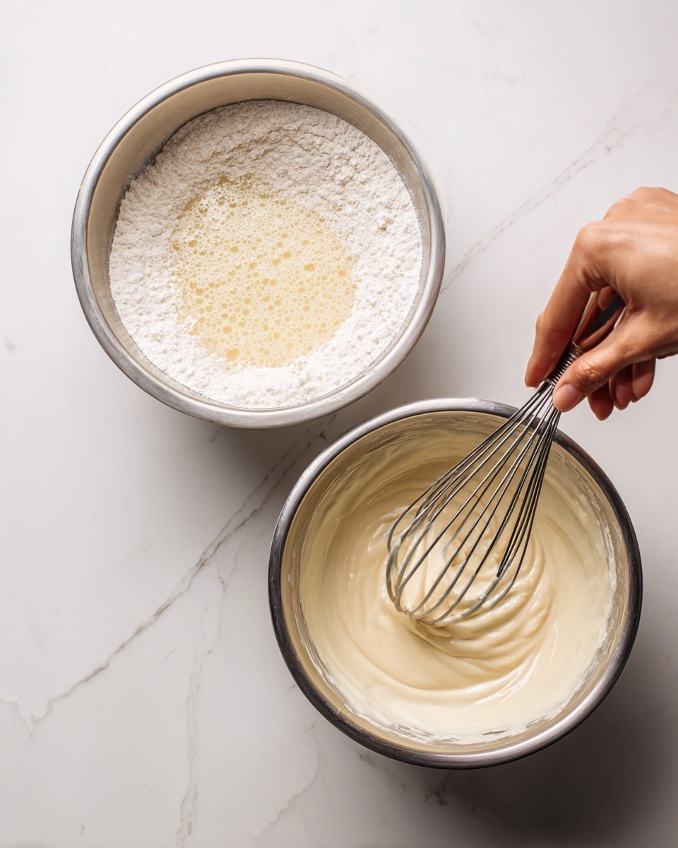 The image shows two stainless steel mixing bowls on a white marbled surface. In the left bowl, a woman's hand is holding a whisk stirring a mixture that has layers of dry flour on the edges and bubbly wet batter in the middle, the texture looks foamy and light. On the right, thick batter is pouring slowly from a whisk back into the bowl, the batter is smooth with a creamy, dense texture and light beige color, slightly darker than the mixture in the first bowl. Photo taken with an iphone --ar 4:5 --v 7