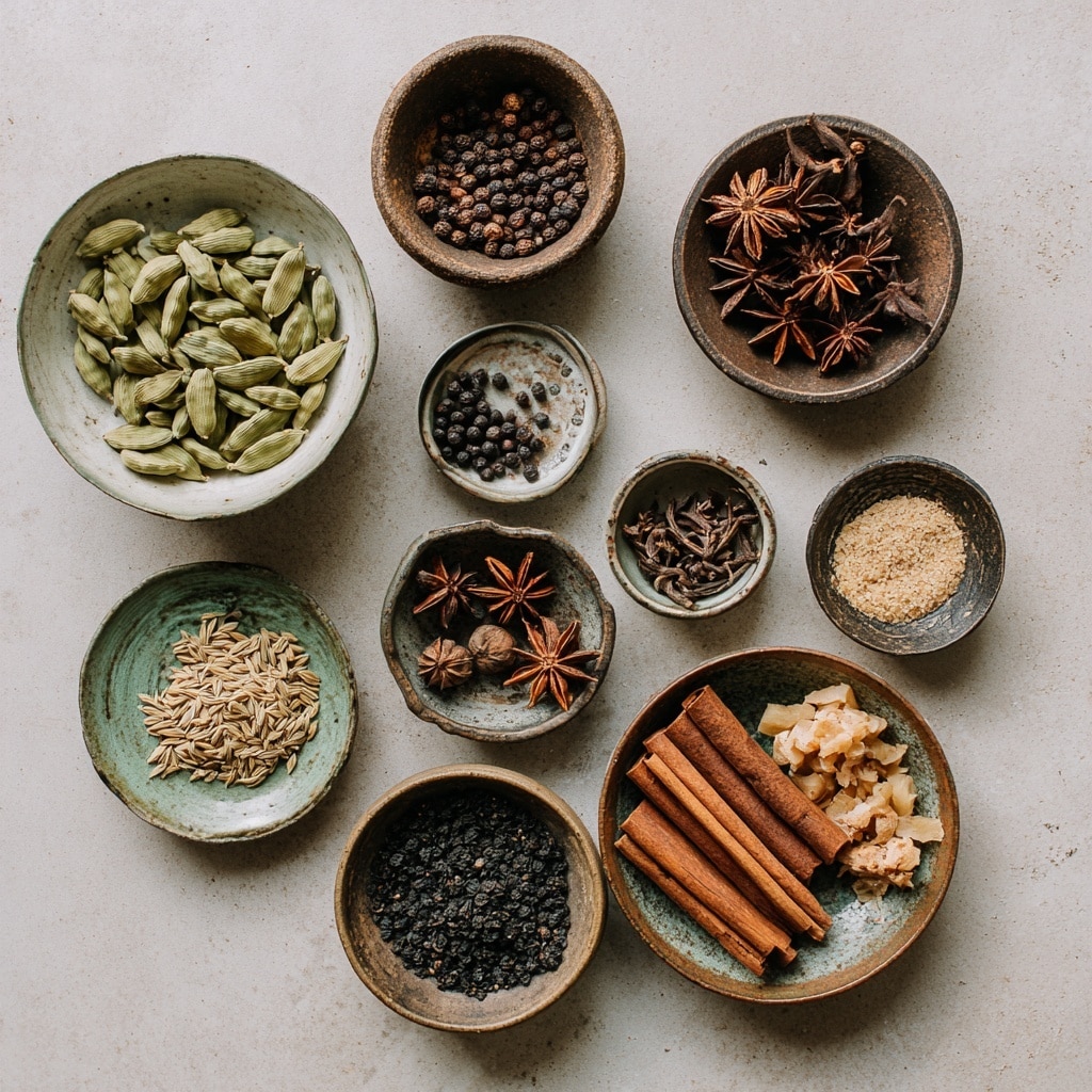 A white pot with bright red handles is shown from above, sitting on a white marbled surface. Inside the pot, there are several scattered spices including dark brown cinnamon sticks, black peppercorns, star anise, cardamom pods, and pieces of light beige dried ginger. The spices are loosely spread across the bottom of the pot. To the top left, part of a gray striped cloth and two tea bags are visible near the red lid of the pot. The overall look is clean and simple with warm spice tones inside the white pot. photo taken with an iphone --ar 4:5 --v 7
